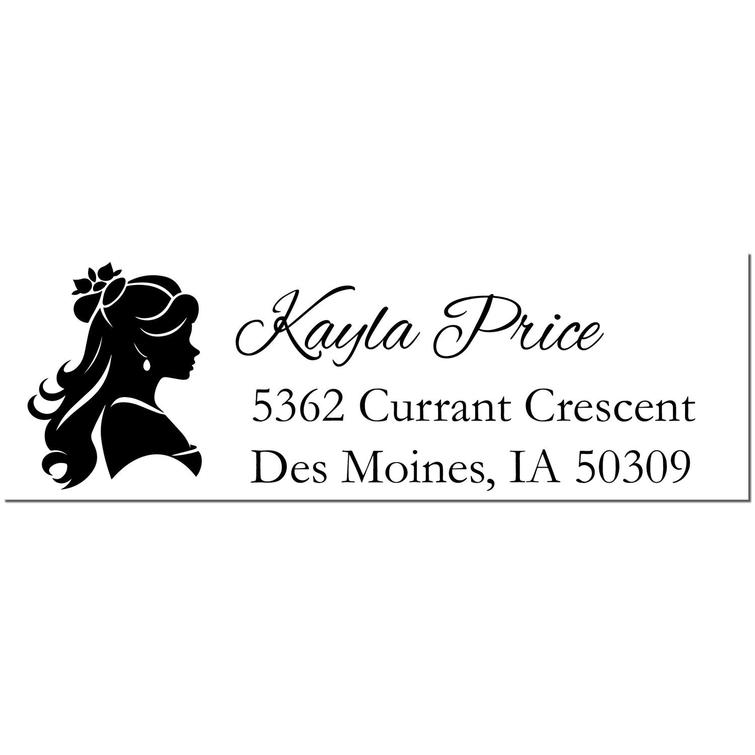 Black custom address stamp with woman silhouette logo and Kayla Price, 5362 Currant Crescent, Des Moines, IA 50309.