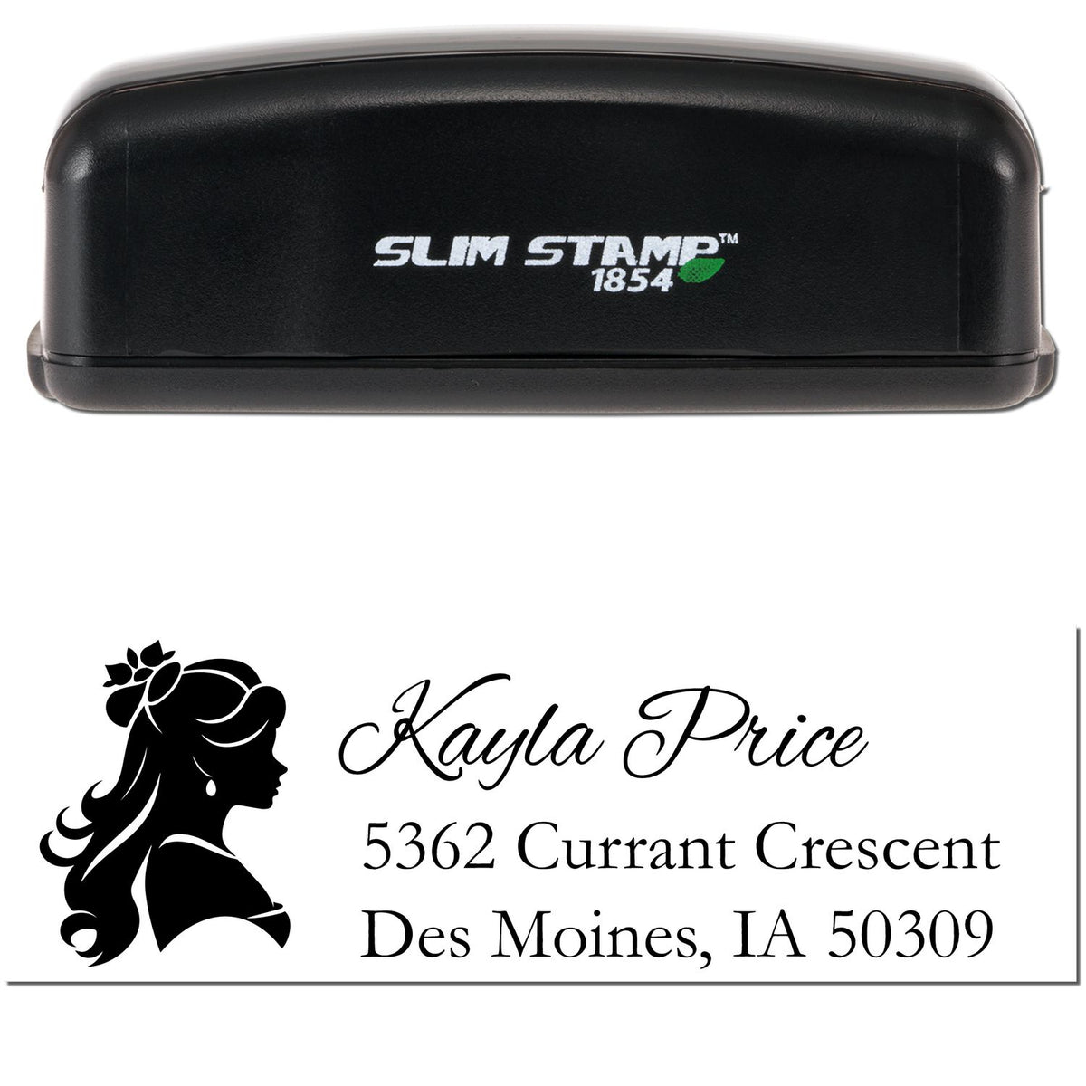 Black Slim Stamp 1854 self-inking stamp and custom address seal with female silhouette, Kayla Price, black text on white.