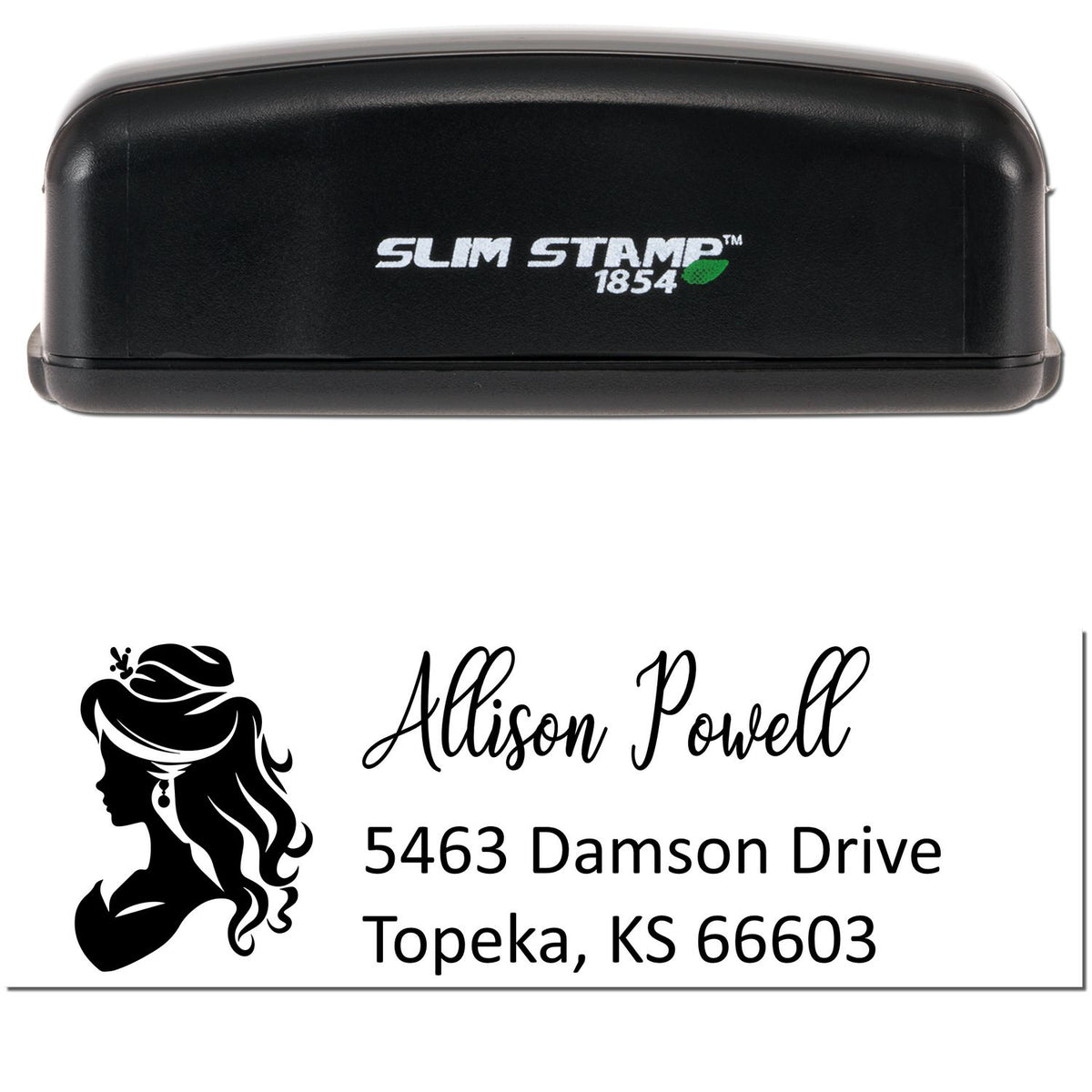 Black Slim Stamp 1854 self-inking address stamp with female silhouette logo, Allison Powell name, and Topeka, KS address sample design