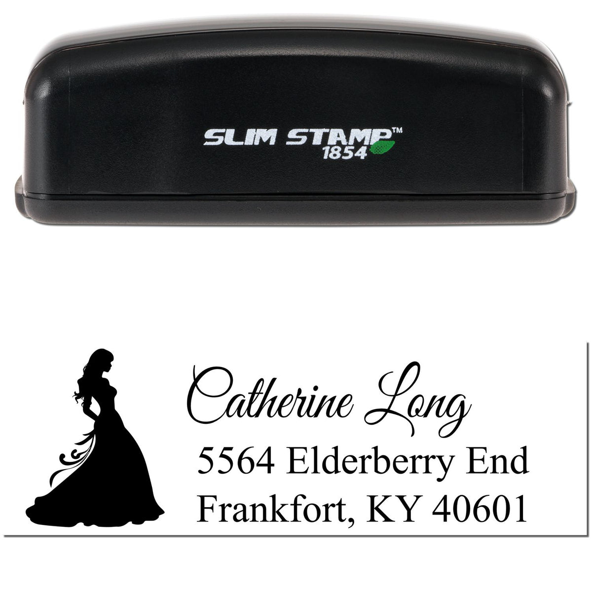 Black Slim Stamp 1854 custom return address stamp with woman silhouette and Catherine Long, 5564 Elderberry End, Frankfort, KY 40601.