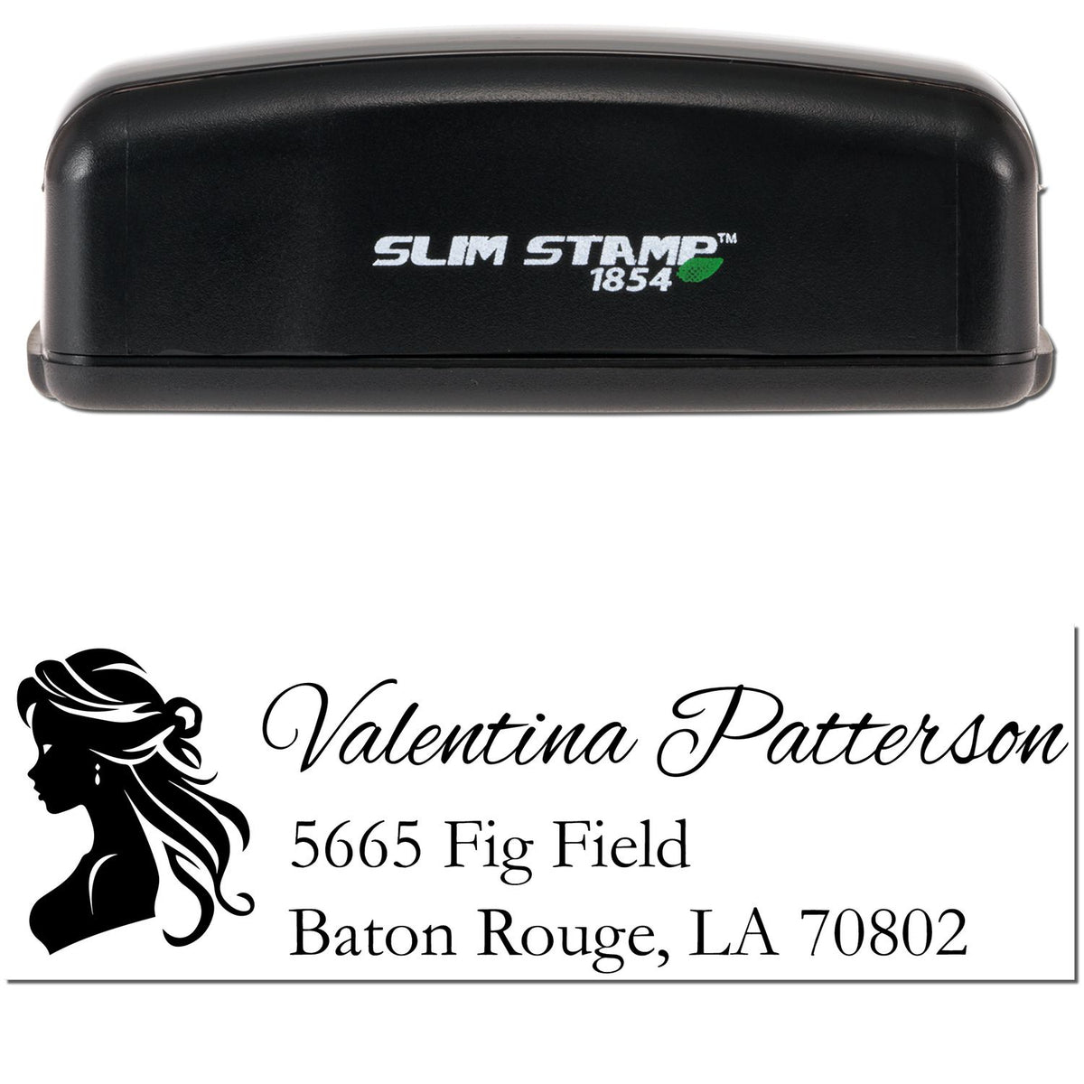 Black Slim Stamp 1854 self-inking stamp with woman silhouette, elegant script name, and Baton Rouge address.