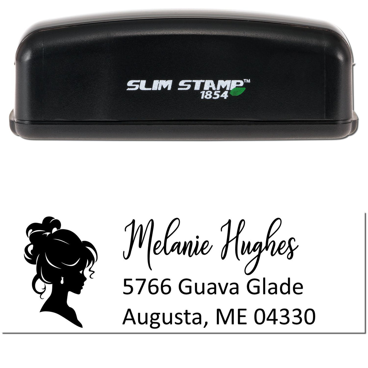 Black Slim Stamp 1854 self-inking stamp with custom address, woman silhouette, black text, and white background.