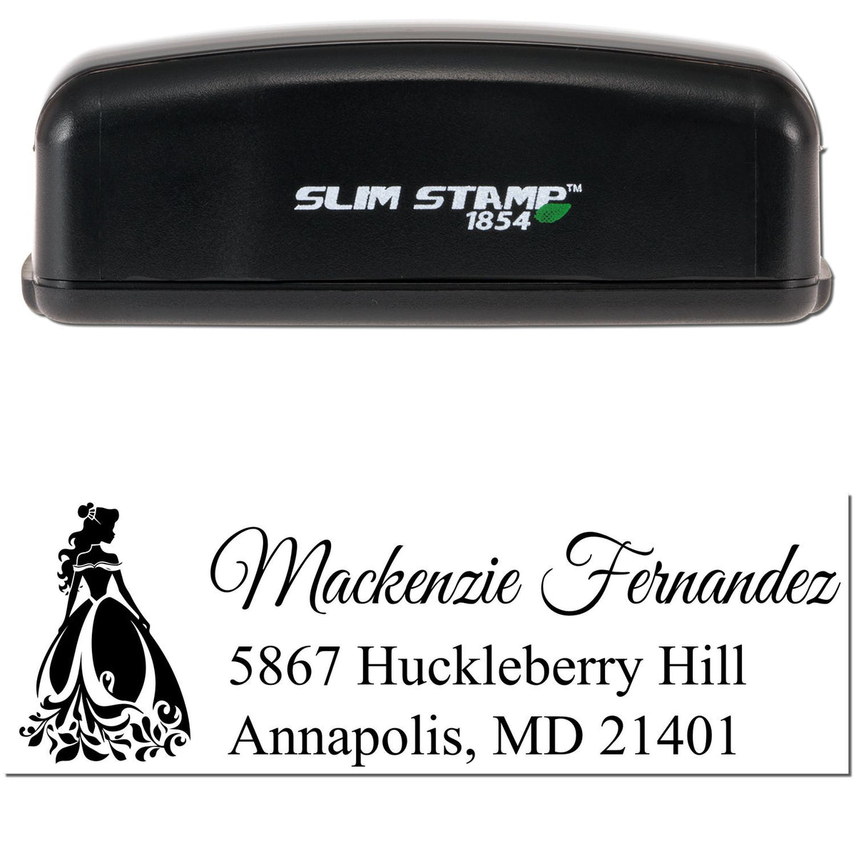 Black Slim Stamp 1854 self-inking stamp with princess silhouette and custom name-address seal design.