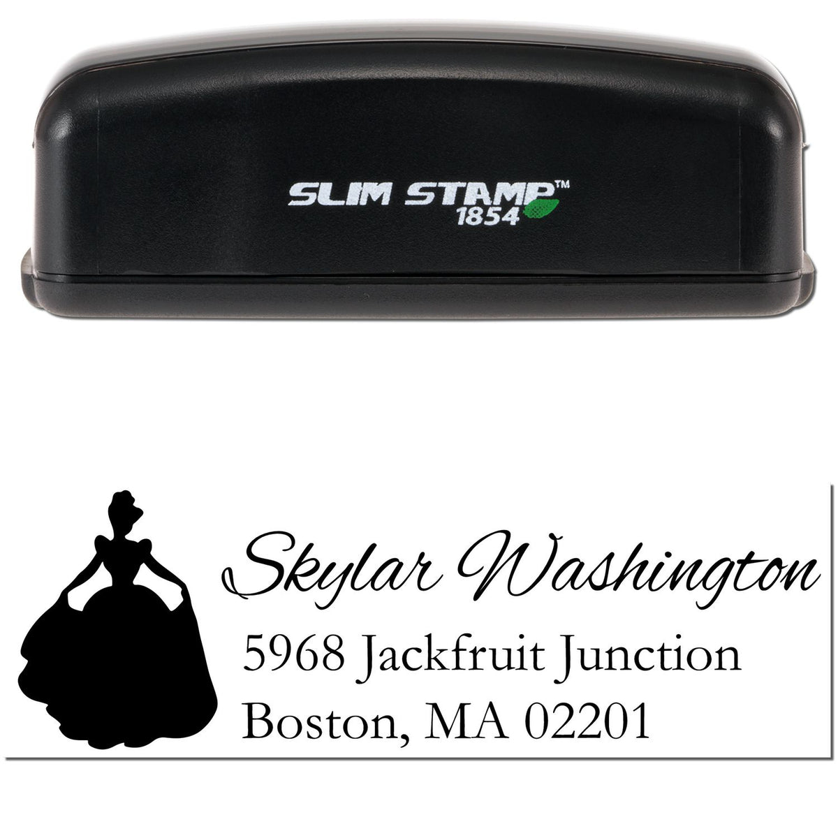 Black Slim Stamp 1854 custom address stamp and seal with princess silhouette, white text, and Boston mailing address on white background.