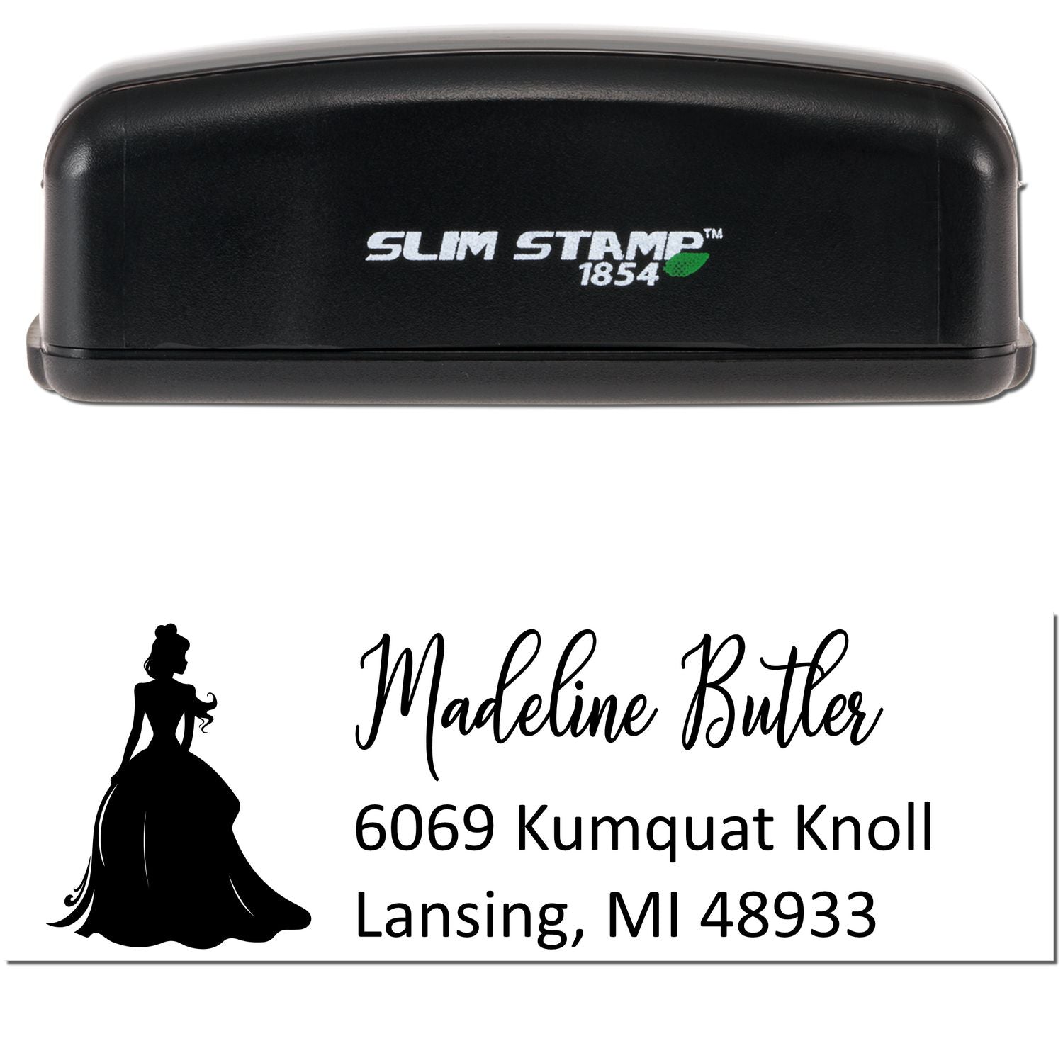 Black Slim Stamp 1854 return address stamp with princess silhouette, Madeline Butler, and Lansing, MI text.