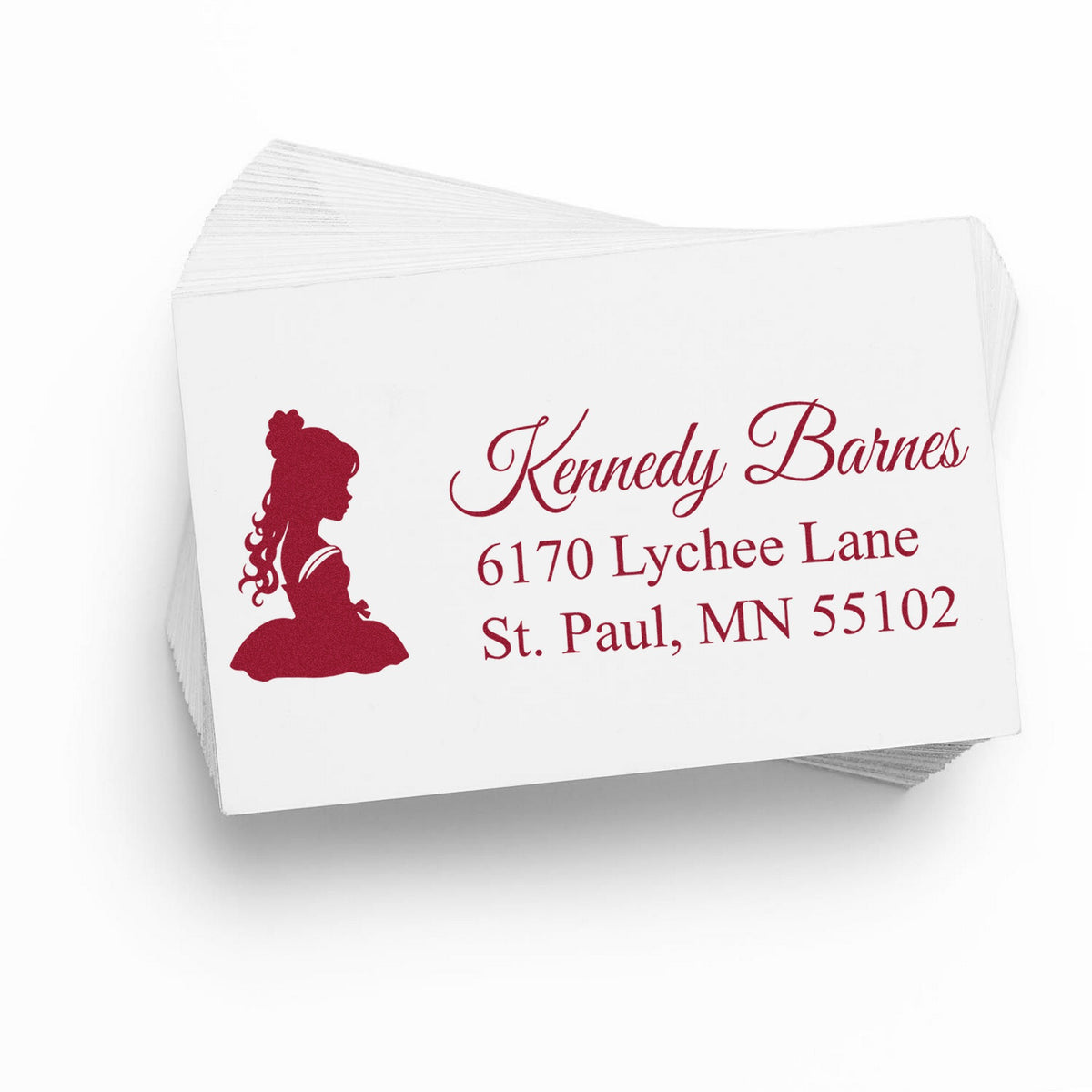 Burgundy custom stamp and seal design on white cards, with girl silhouette and Kennedy Barnes address.
