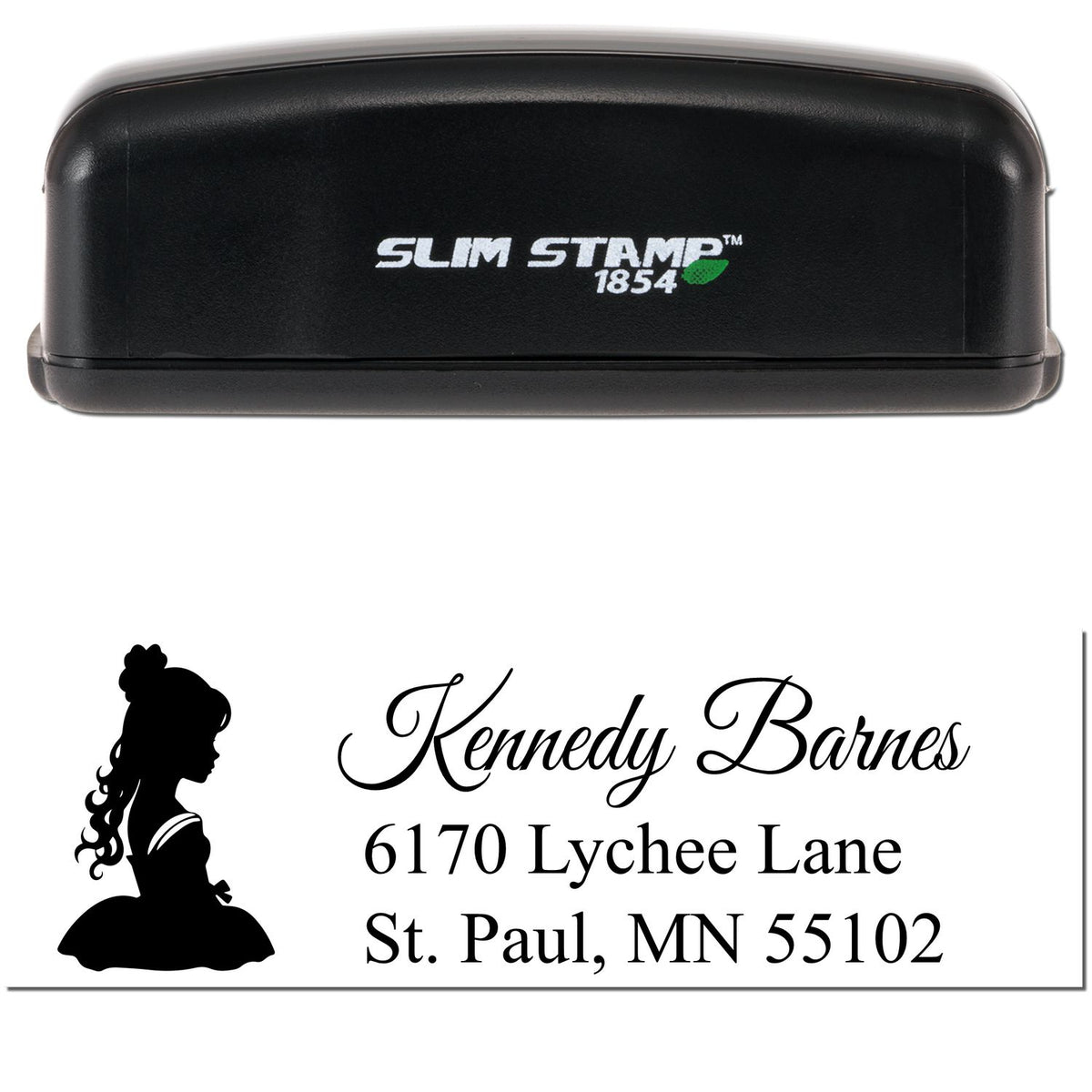 Black Slim Stamp 1854 self-inking address stamp with custom seal label, black silhouette, and Kennedy Barnes text.
