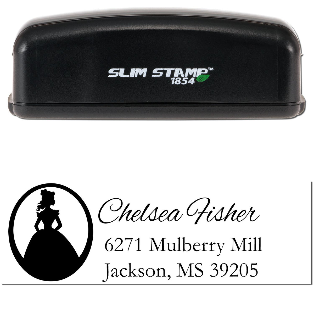 Black Slim Stamp 1854 address stamp and seal with princess silhouette, Chelsea Fisher name, and Jackson, MS address.
