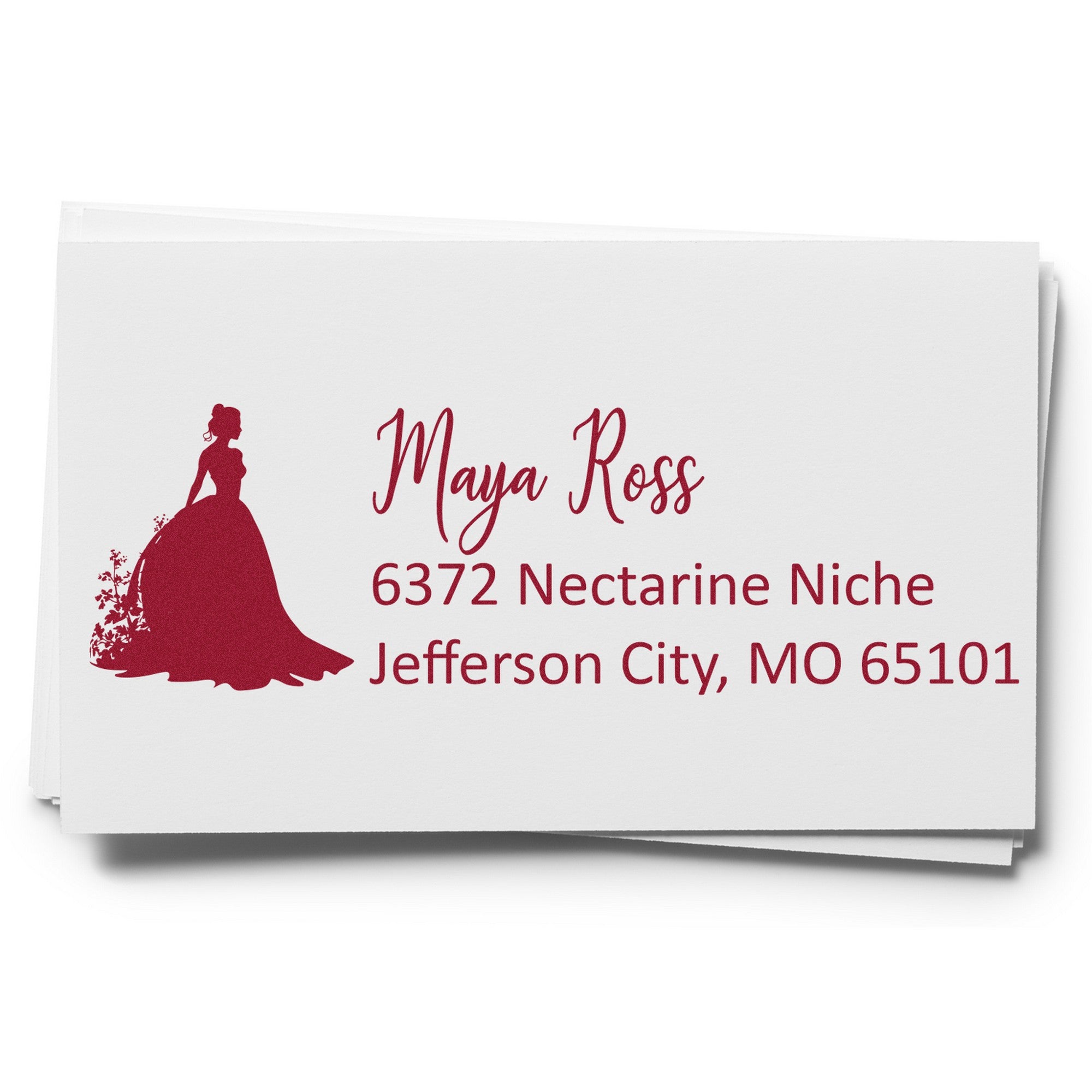 Burgundy custom stamp and seal with bride silhouette on white envelopes, labeled Maya Ross, 6372 Nectarine Niche, Jefferson City, MO 65101