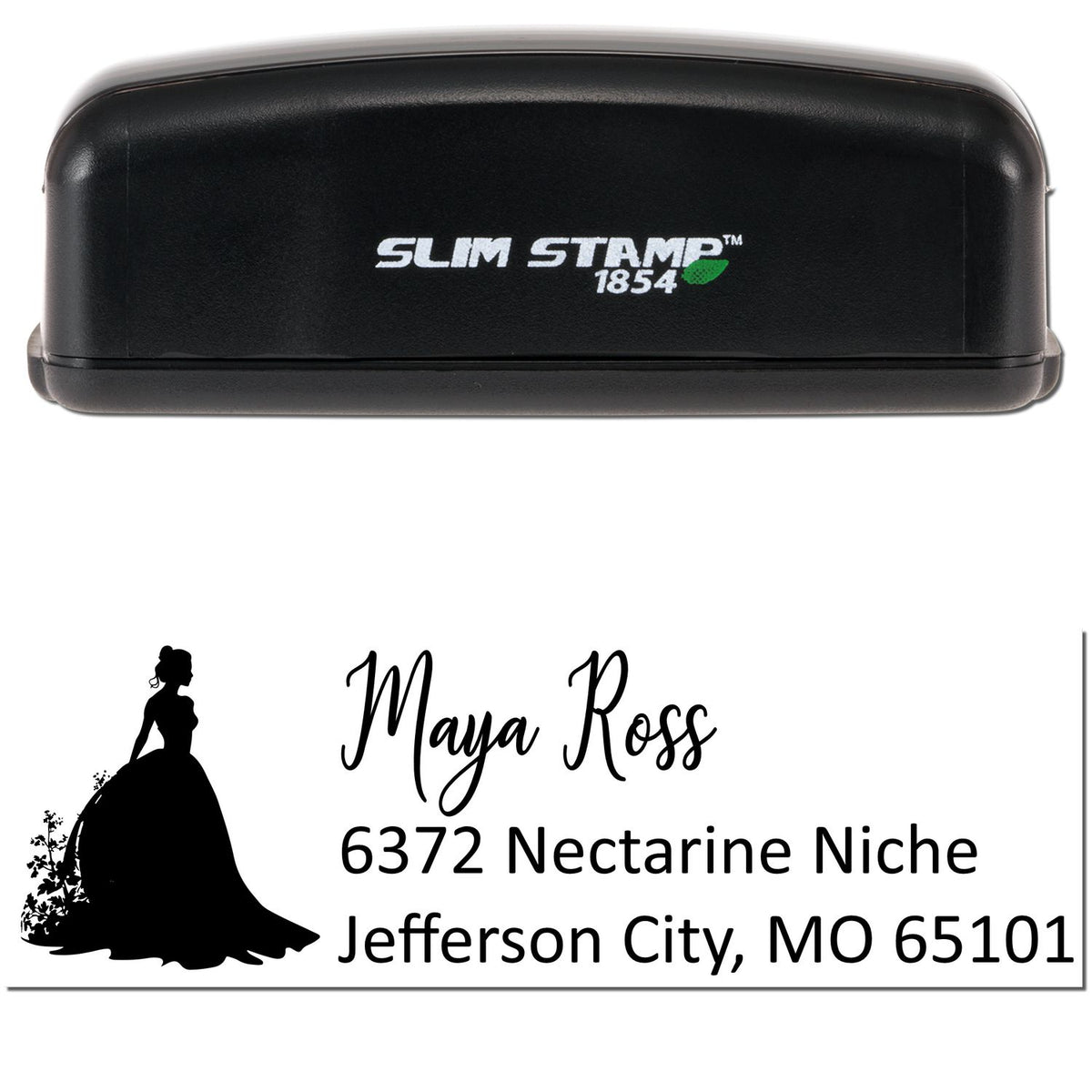 Black Slim Stamp 1854 custom return address stamp with woman silhouette, Maya Ross, and Jefferson City, MO address.