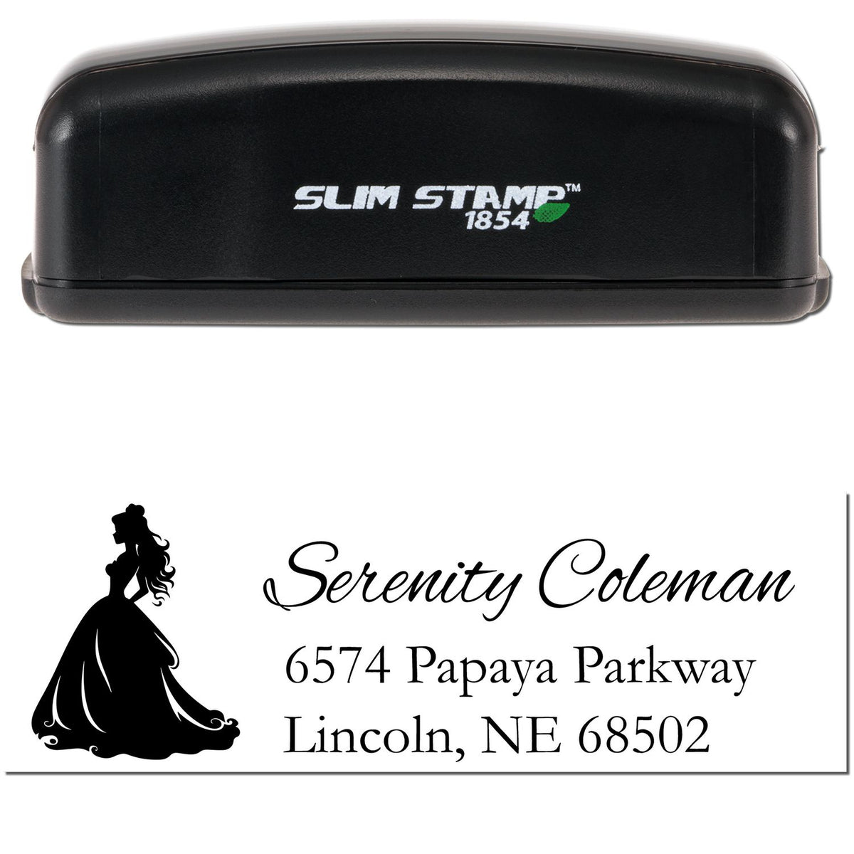 Black Slim Stamp 1854 custom address stamp and seal with princess silhouette and white text on white background.