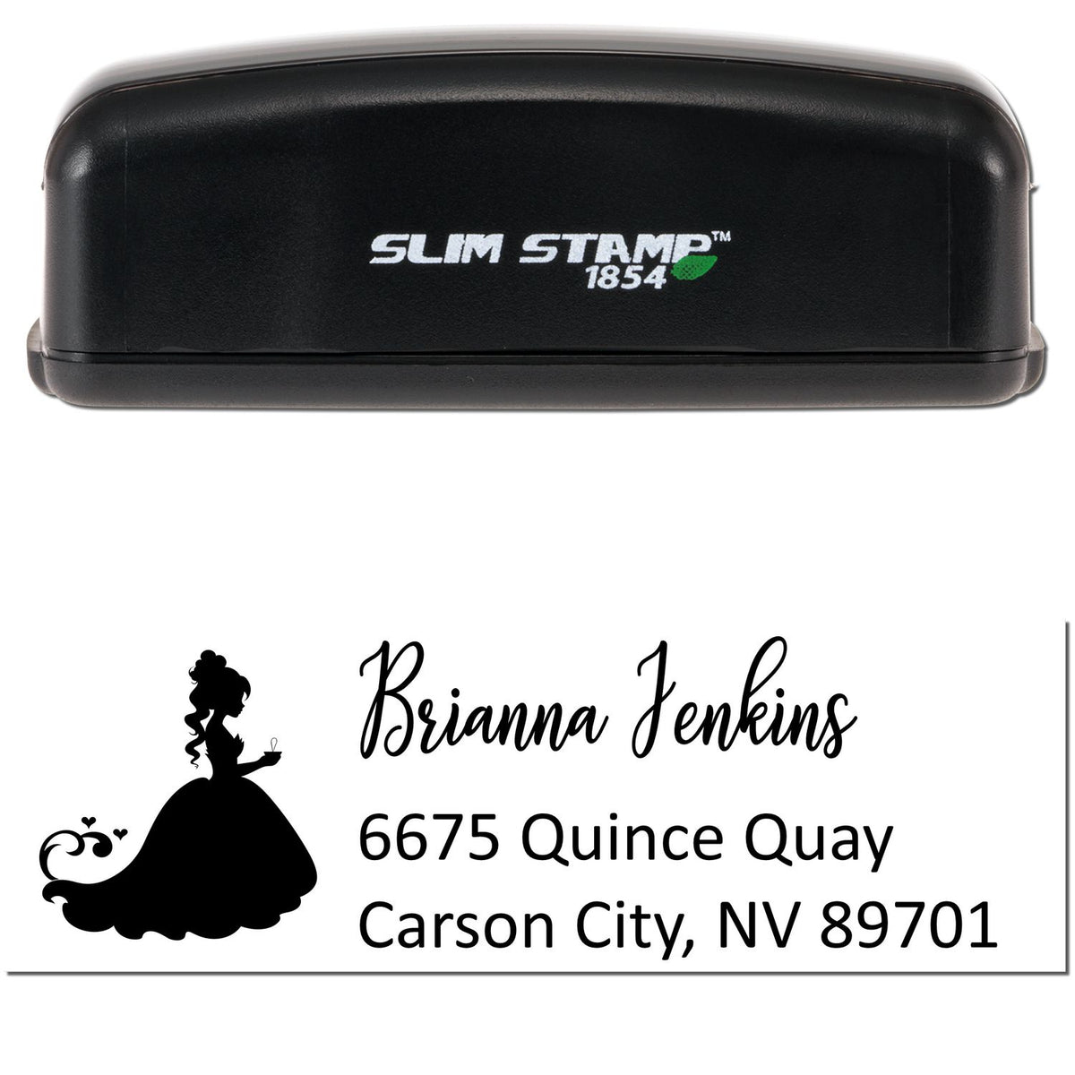 Black Slim Stamp 1854 self-inking stamp with princess silhouette, Brianna Jenkins name, and Carson City address.