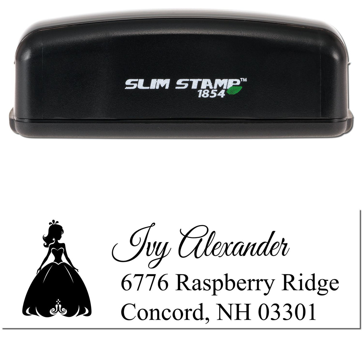 Black Slim Stamp 1854 self-inking stamp with custom wedding seal, black dress silhouette, and Ivy Alexander address in black text.