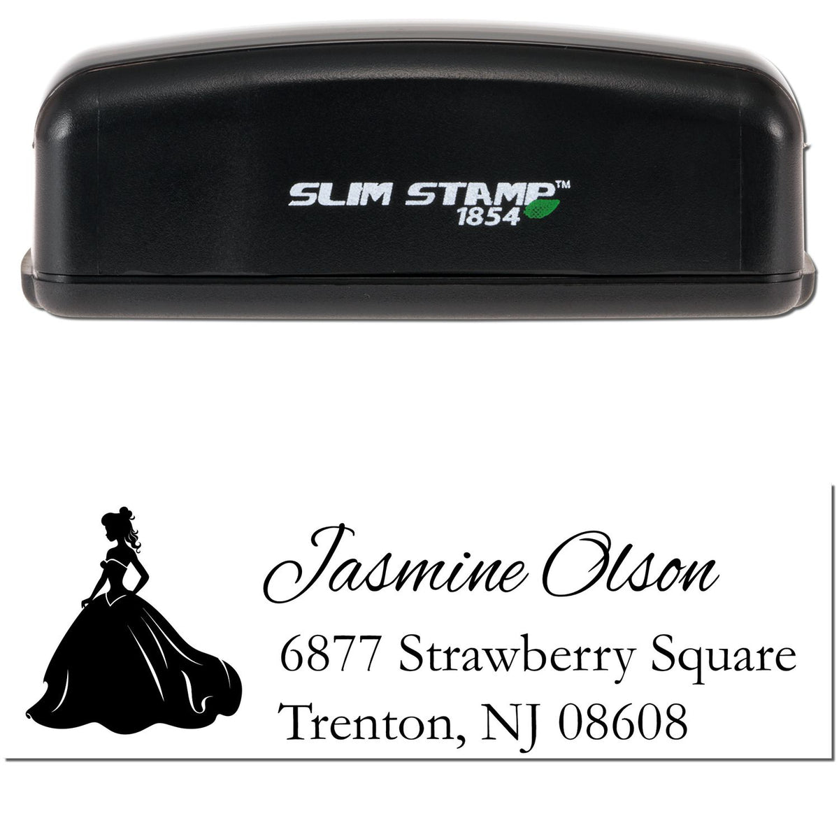 Black Slim Stamp 1854 self-inking stamp and custom seal with princess silhouette, Jasmine Olson name, and address in black on white.