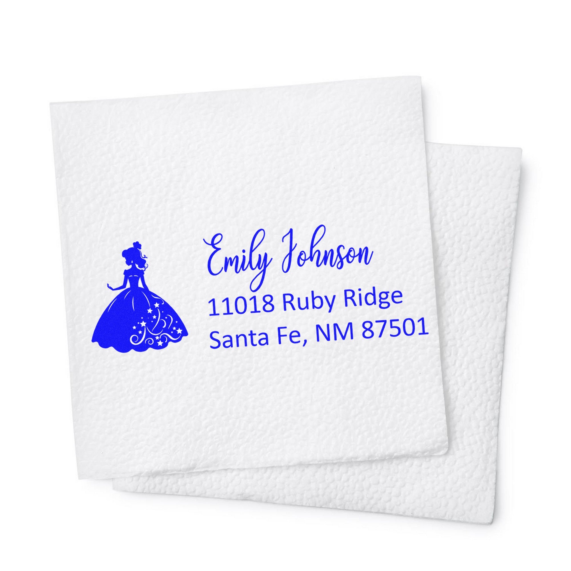 White textured envelopes with blue custom stamp and seal, featuring a princess silhouette and Emily Johnson address.