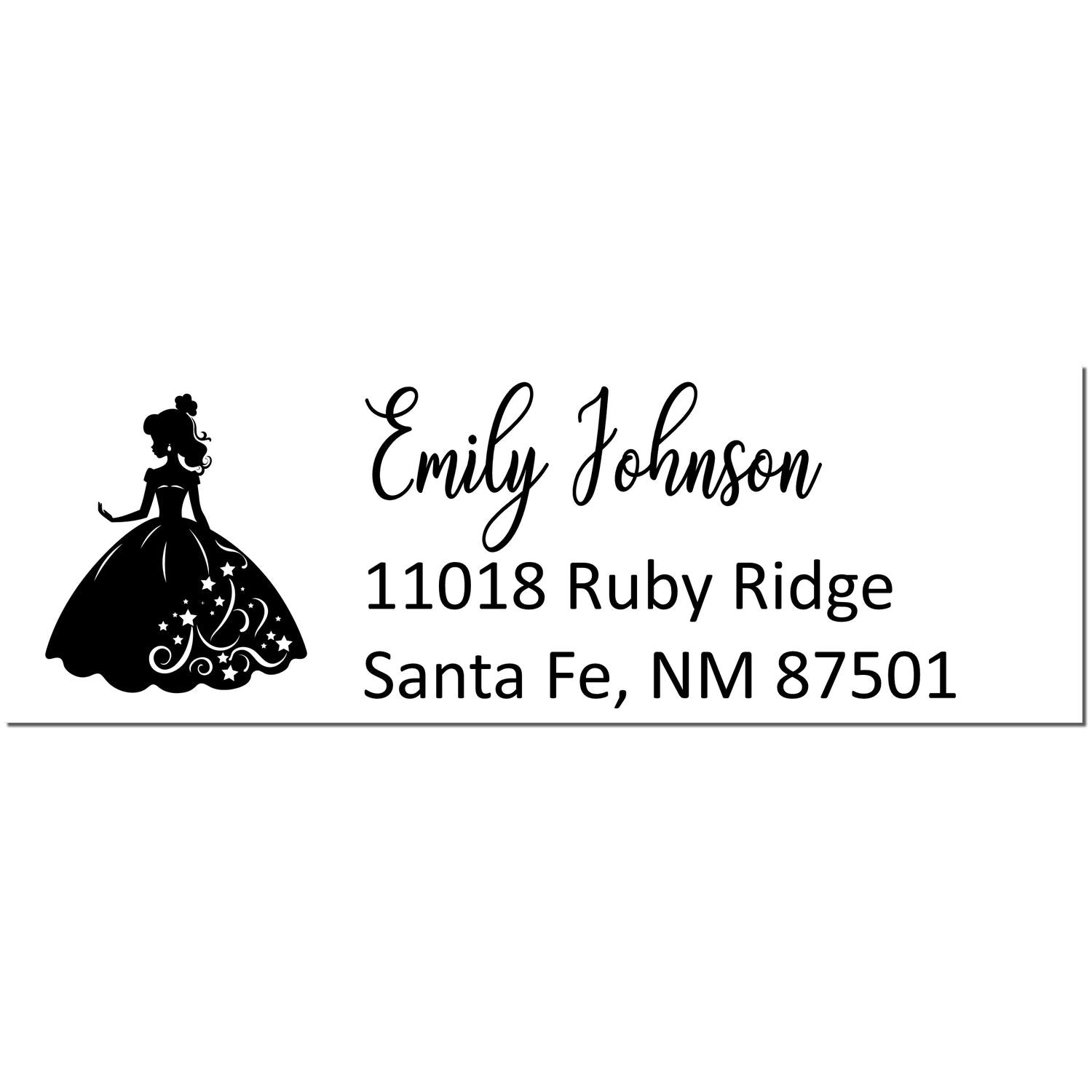 Custom black return address stamp with princess silhouette, Emily Johnson, 11018 Ruby Ridge, Santa Fe, NM 87501.