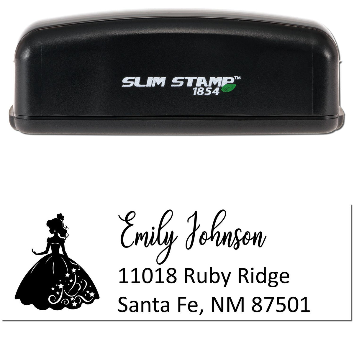 Black Slim Stamp 1854 self-inking stamp with princess silhouette seal and Emily Johnson address in black text.