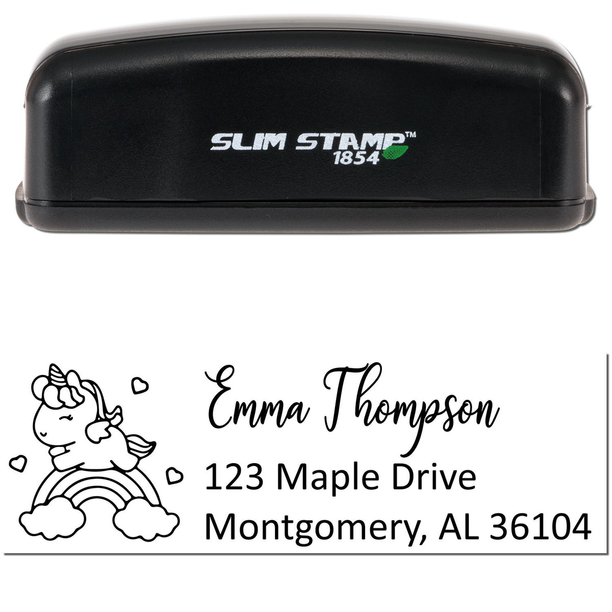 Black Slim Stamp 1854 self-inking stamp and seal with unicorn, Emma Thompson, and Montgomery, AL address.