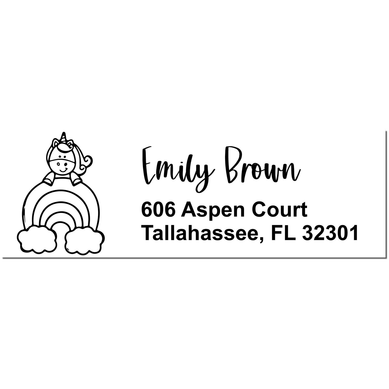 Black custom stamp seal with unicorn on rainbow, Emily Brown, and Tallahassee, FL address in bold text.