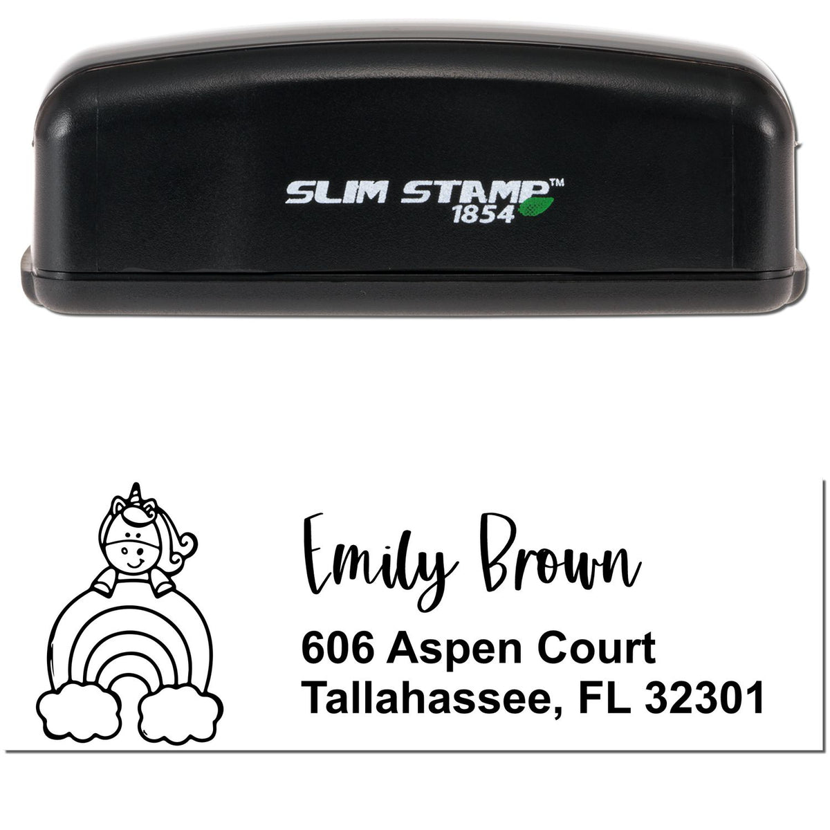 Black Slim Stamp 1854 custom address stamp with unicorn rainbow design for Emily Brown, Tallahassee, FL 32301