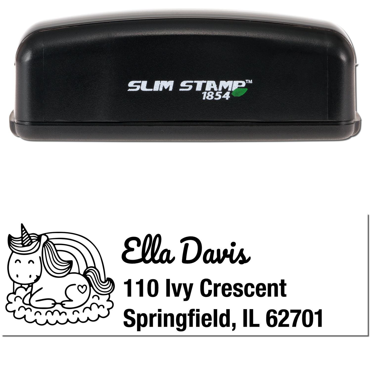 Black Slim Stamp 1854 self-inking stamp with unicorn seal design and custom address in black on white.