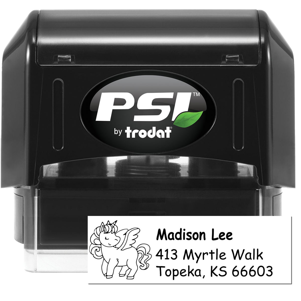Black PSI by Trodat self-inking stamp and seal with clear cover, showing a unicorn address imprint in black on white.