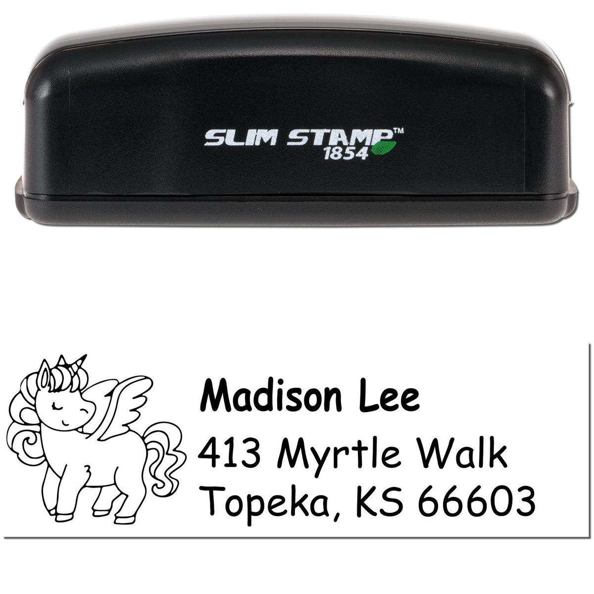 Black Slim Stamp 1854 self-inking address stamp with unicorn seal and personalized name and address in black text