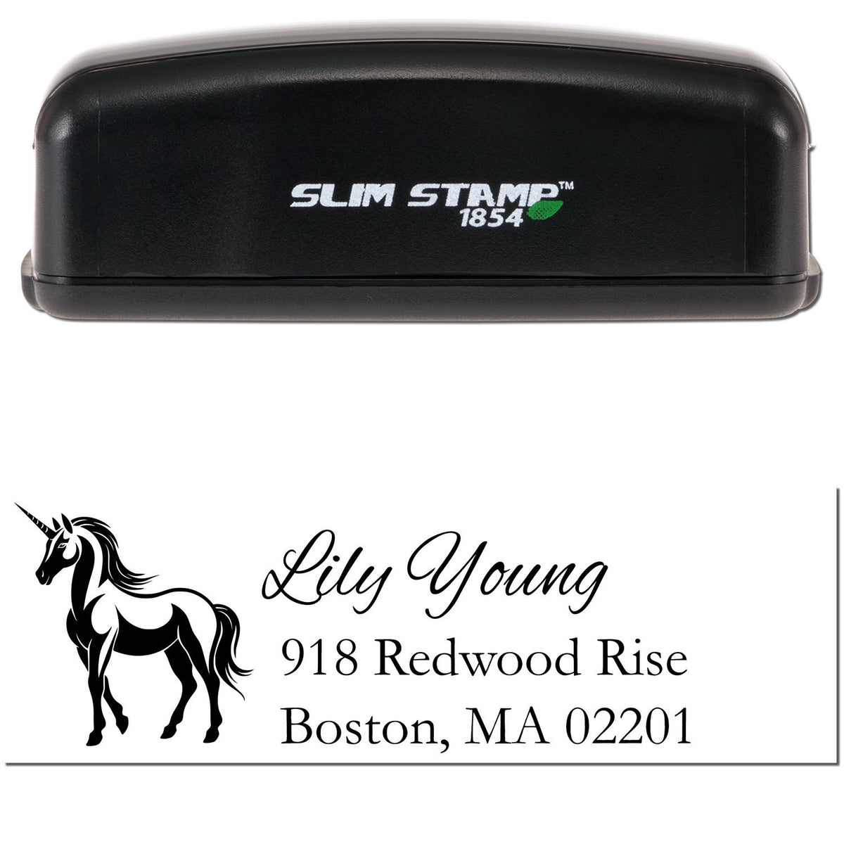 Black Slim Stamp 1854 self-inking stamp and unicorn address seal for Lily Young, Boston, MA.