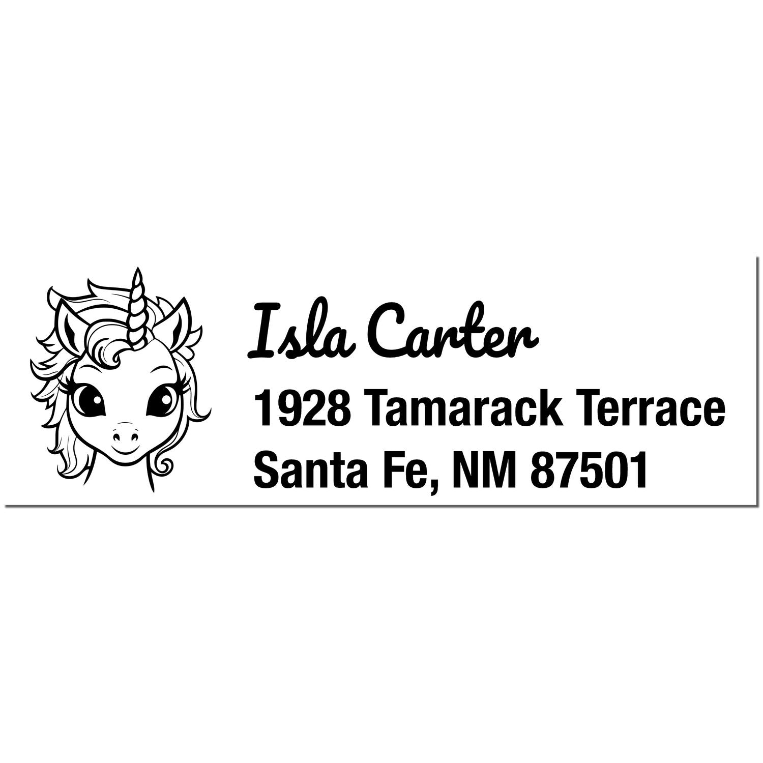 Black custom unicorn address stamp and seal with Isla Carter, 1928 Tamarack Terrace, Santa Fe, NM 87501