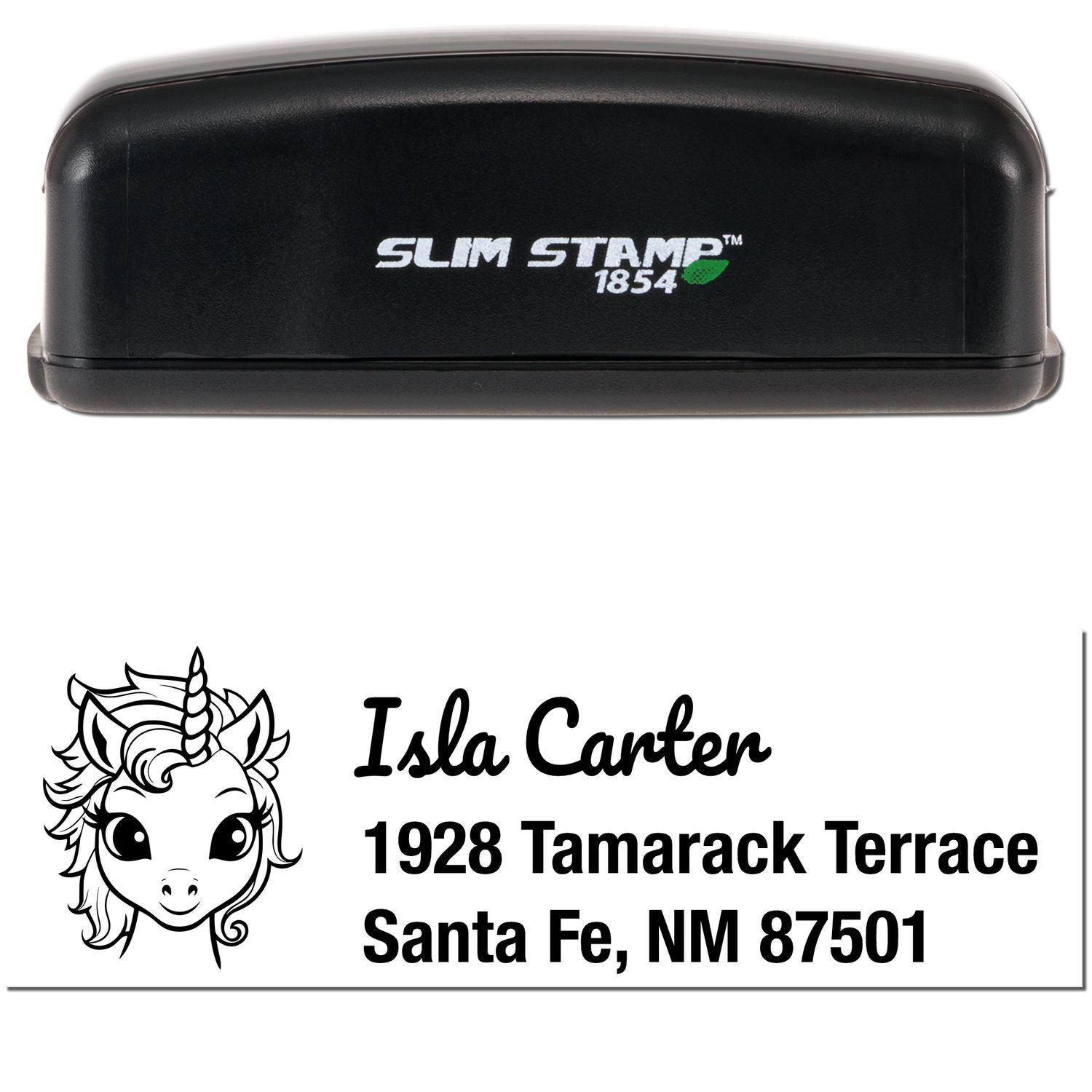Black Slim Stamp 1854 self-inking address stamp and seal with unicorn logo, white text, for Isla Carten, Santa Fe NM