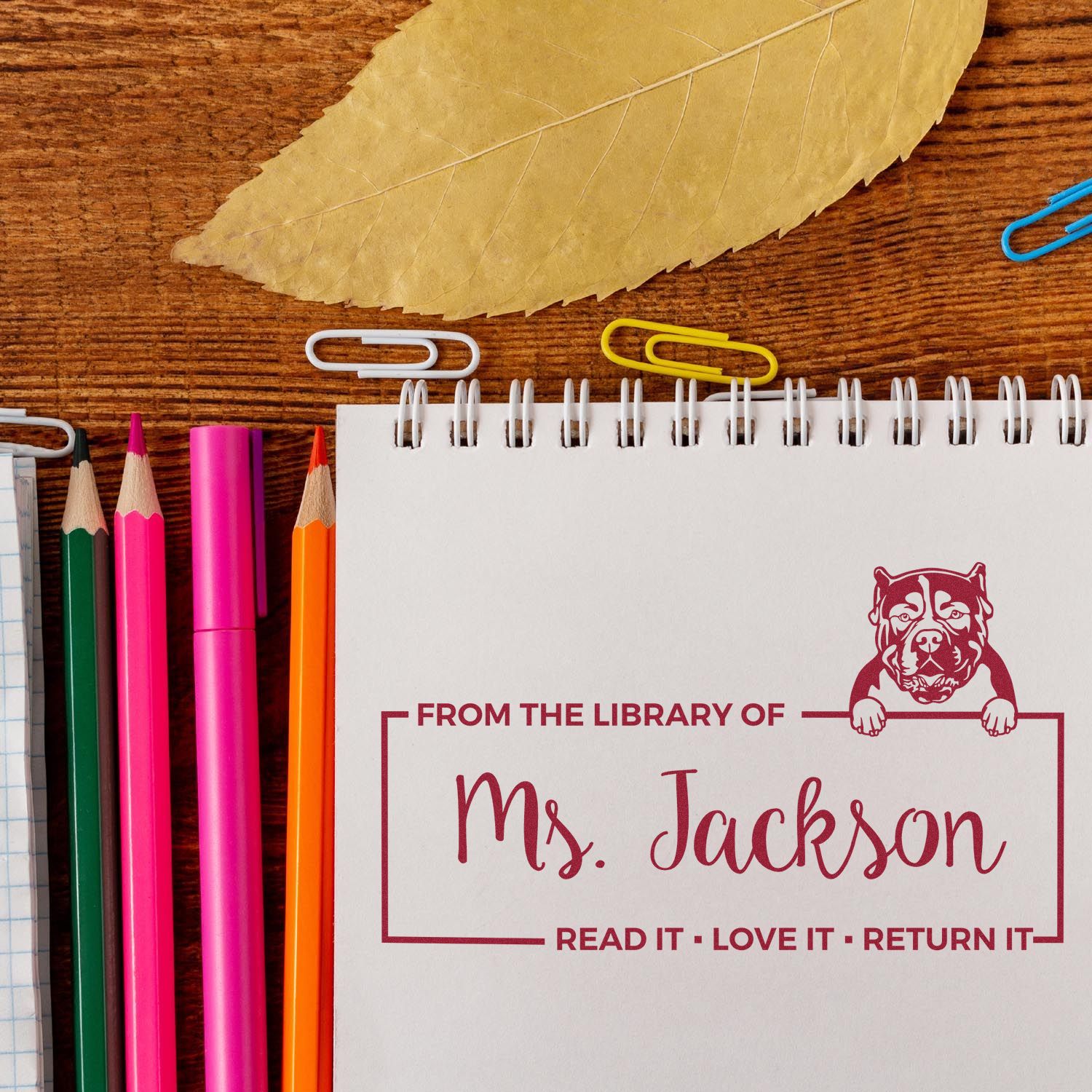 Custom Classroom Book Ownership Stamper with American Bulldog - Engineer Seal Stamps