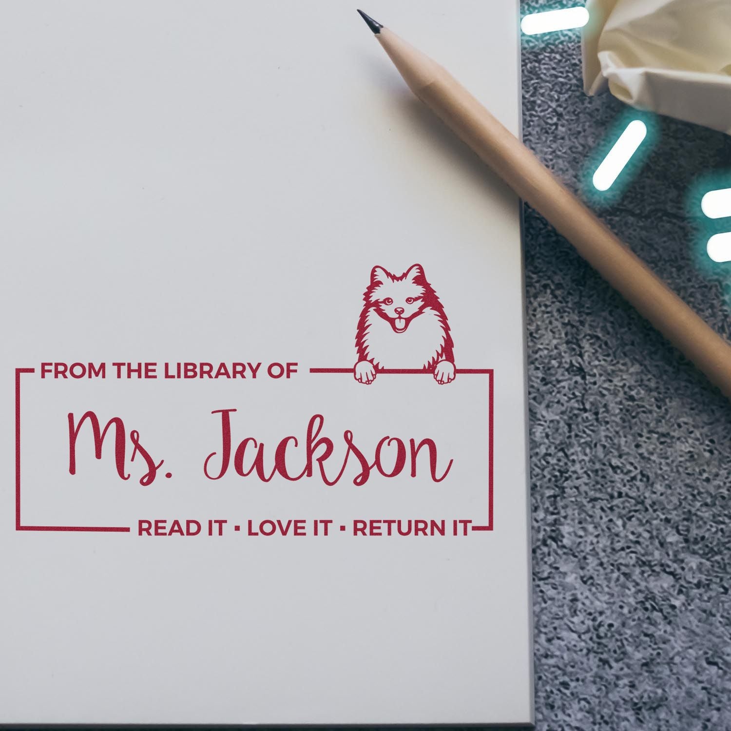 Self-Inking American Eskimo Customized Dog Book Return ? Stamp - Engineer Seal Stamps