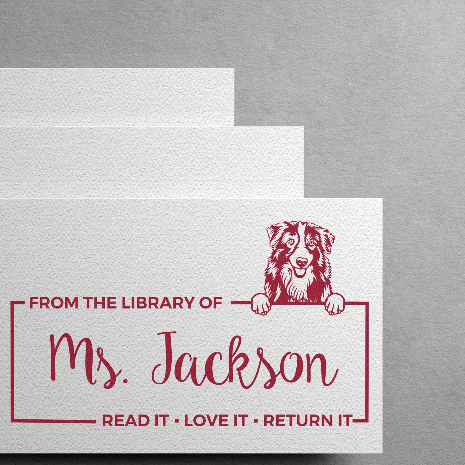 Custom Library Tool Stamp with Australian Shepherd - Engineer Seal Stamps