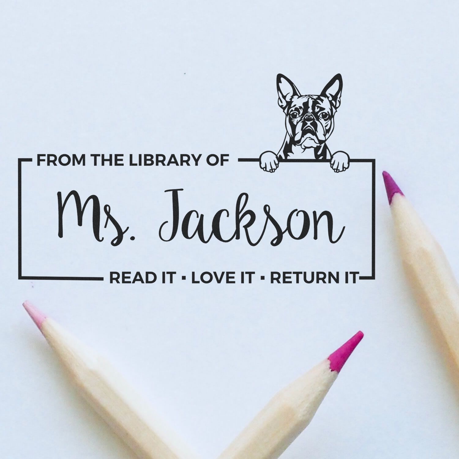 Custom Return My Book Stamp with Boston Terrier - Engineer Seal Stamps