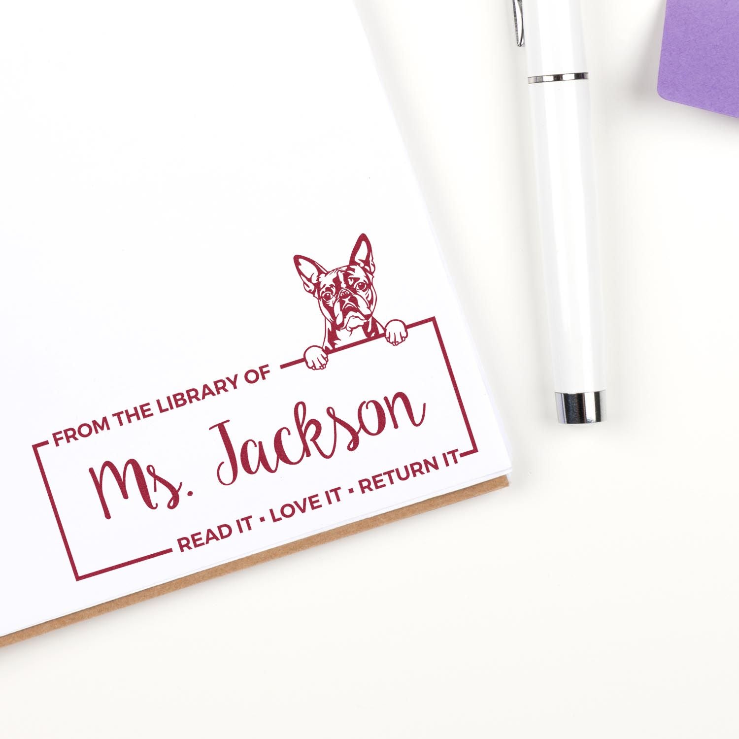 Custom Return My Book Stamp with Boston Terrier - Engineer Seal Stamps