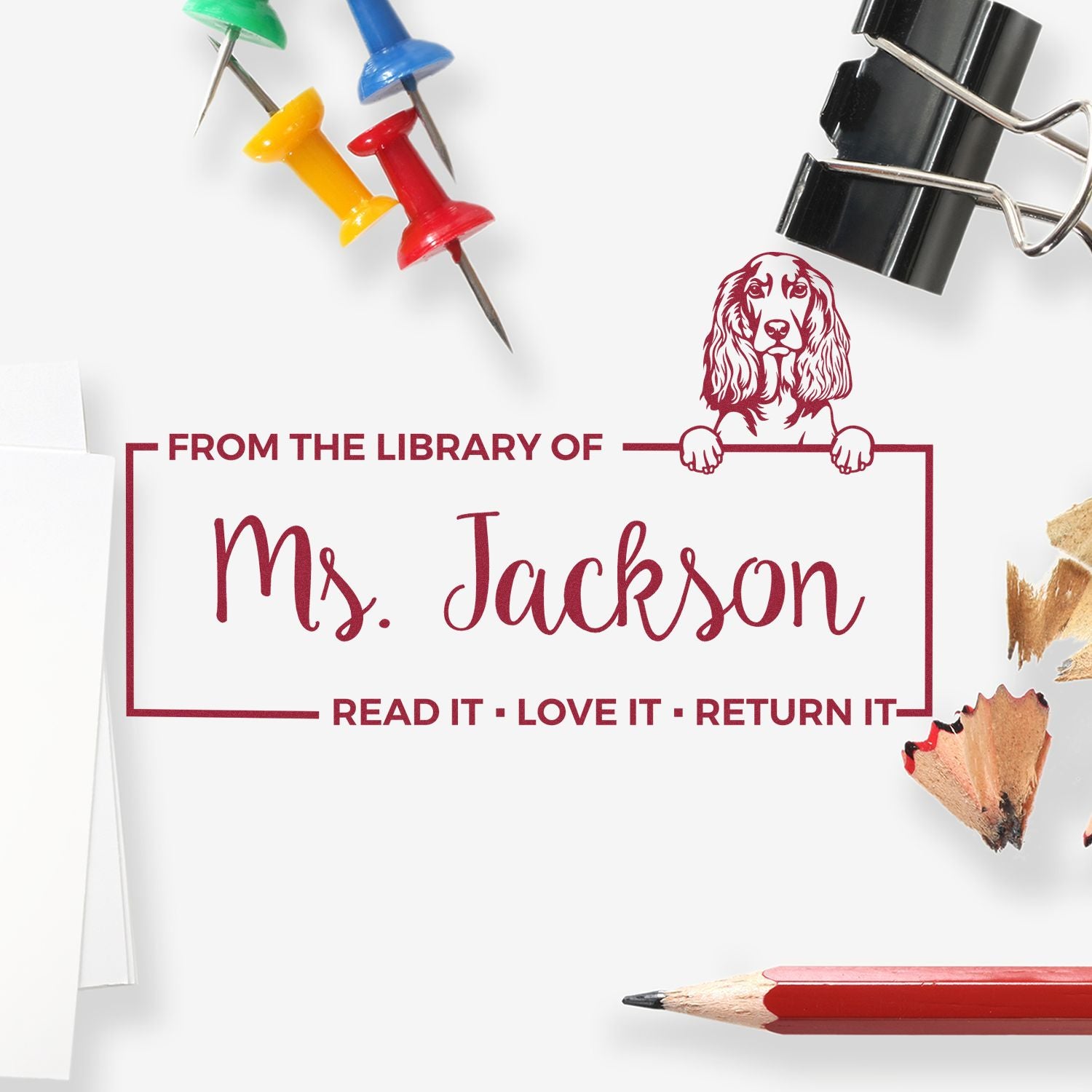 Custom Please Return Borrowed Book Stamper with English Cocker Spaniel - Engineer Seal Stamps