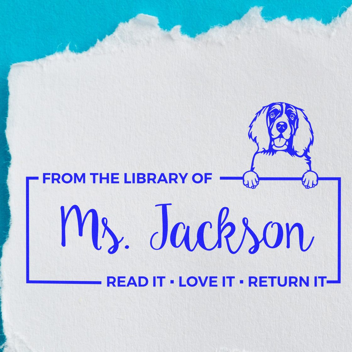 Blue custom library stamp and seal on white paper, with dog icon and From the Library of Mrs. Jackson bookplate text.