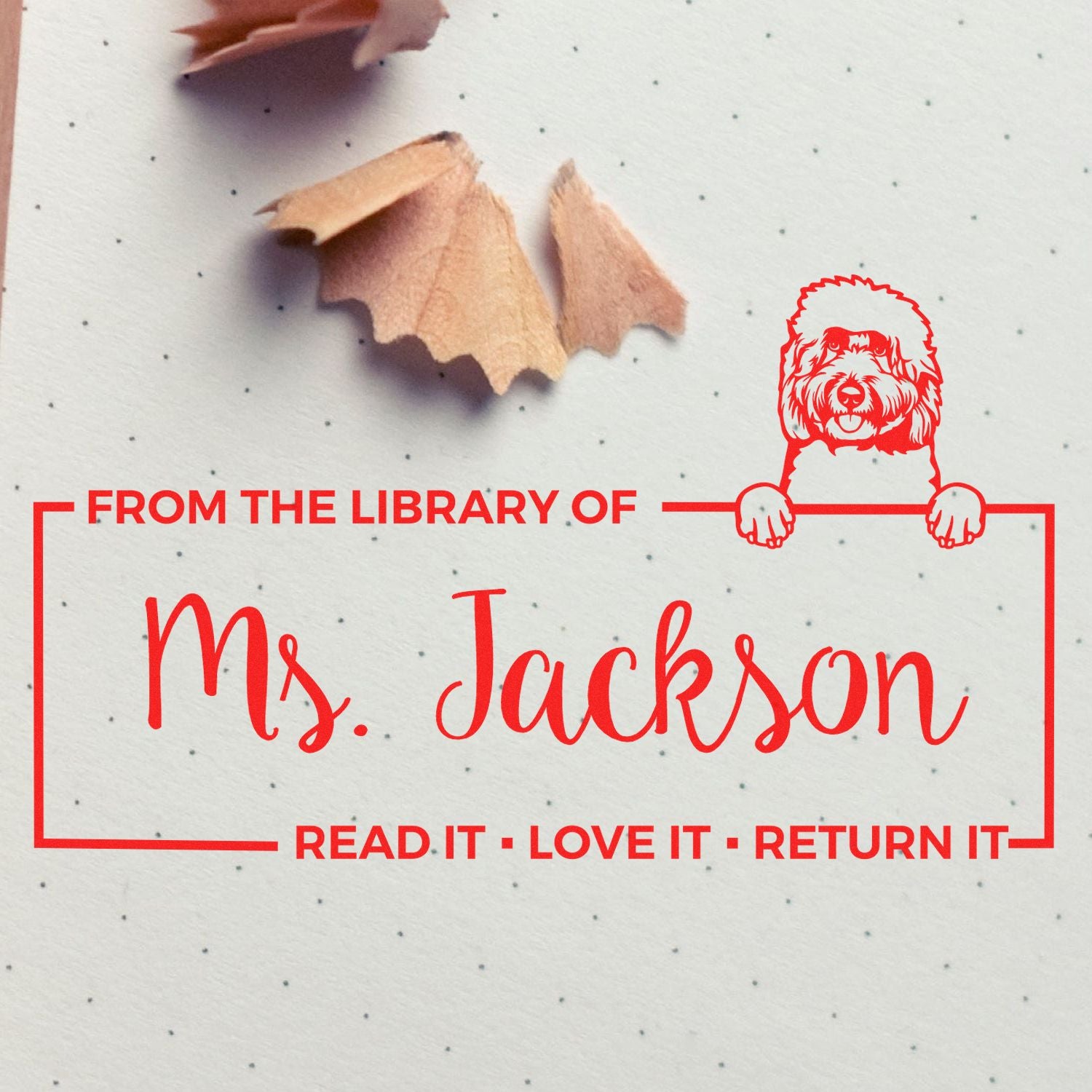 Custom Book Lending Library Stamper with Goldendoodle - Engineer Seal Stamps