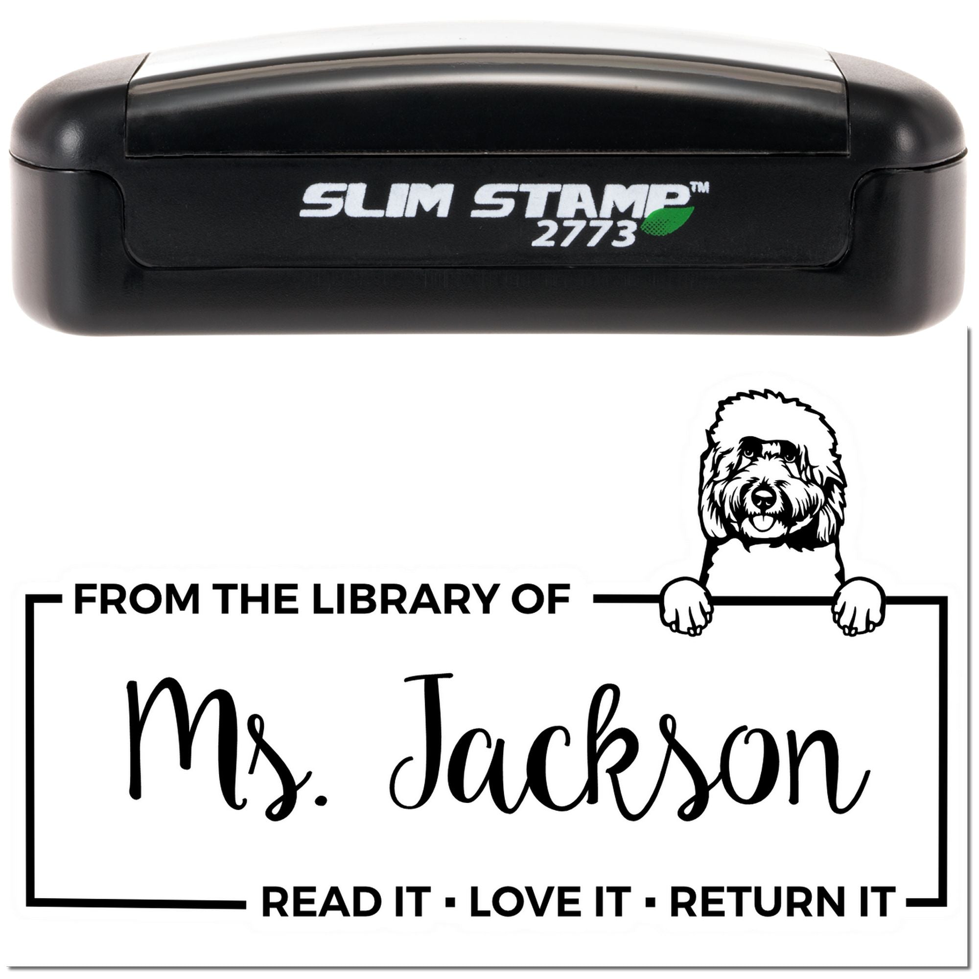 Custom Book Lending Library Stamper with Goldendoodle - Engineer Seal Stamps