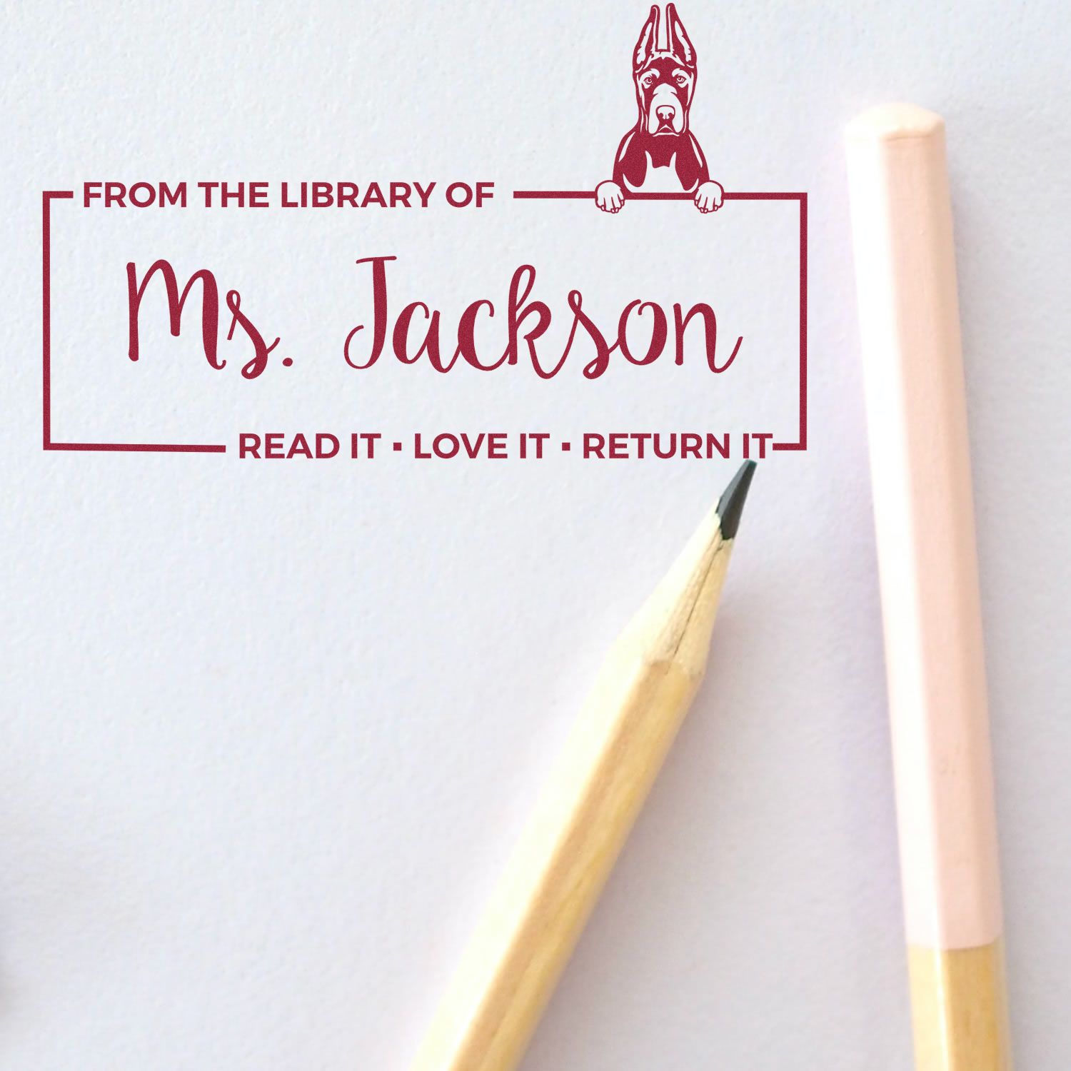 Custom School Library Stamp with Great Dane Cropped Ears - Engineer Seal Stamps