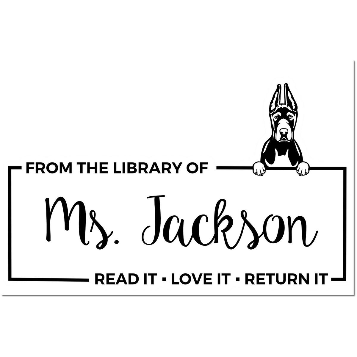 Black-and-white library book stamp seal with dog, reading From the Library of Ms. Jackson and Read it Love it Return it