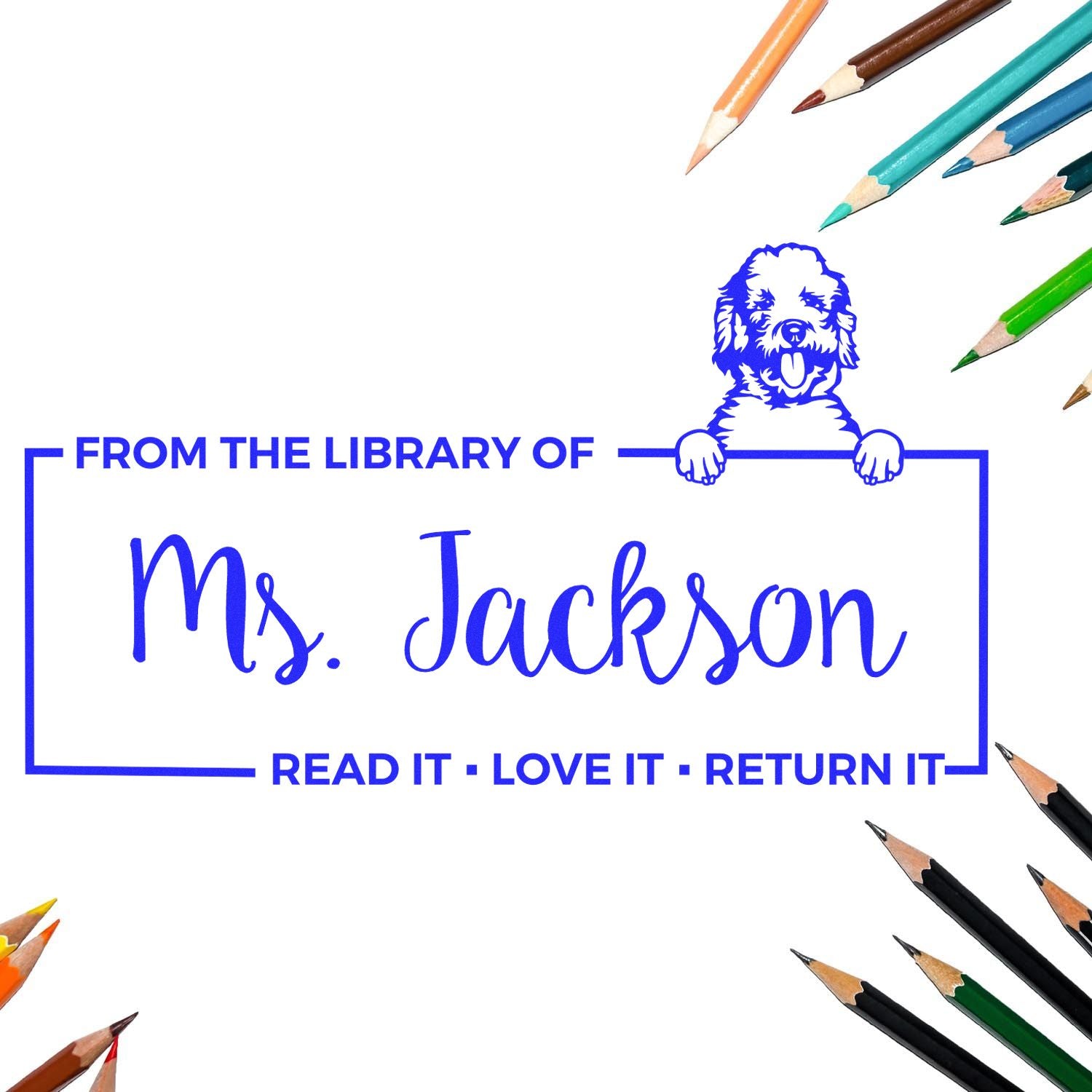 Custom Book Tag Stamper with Labradoodle - Engineer Seal Stamps