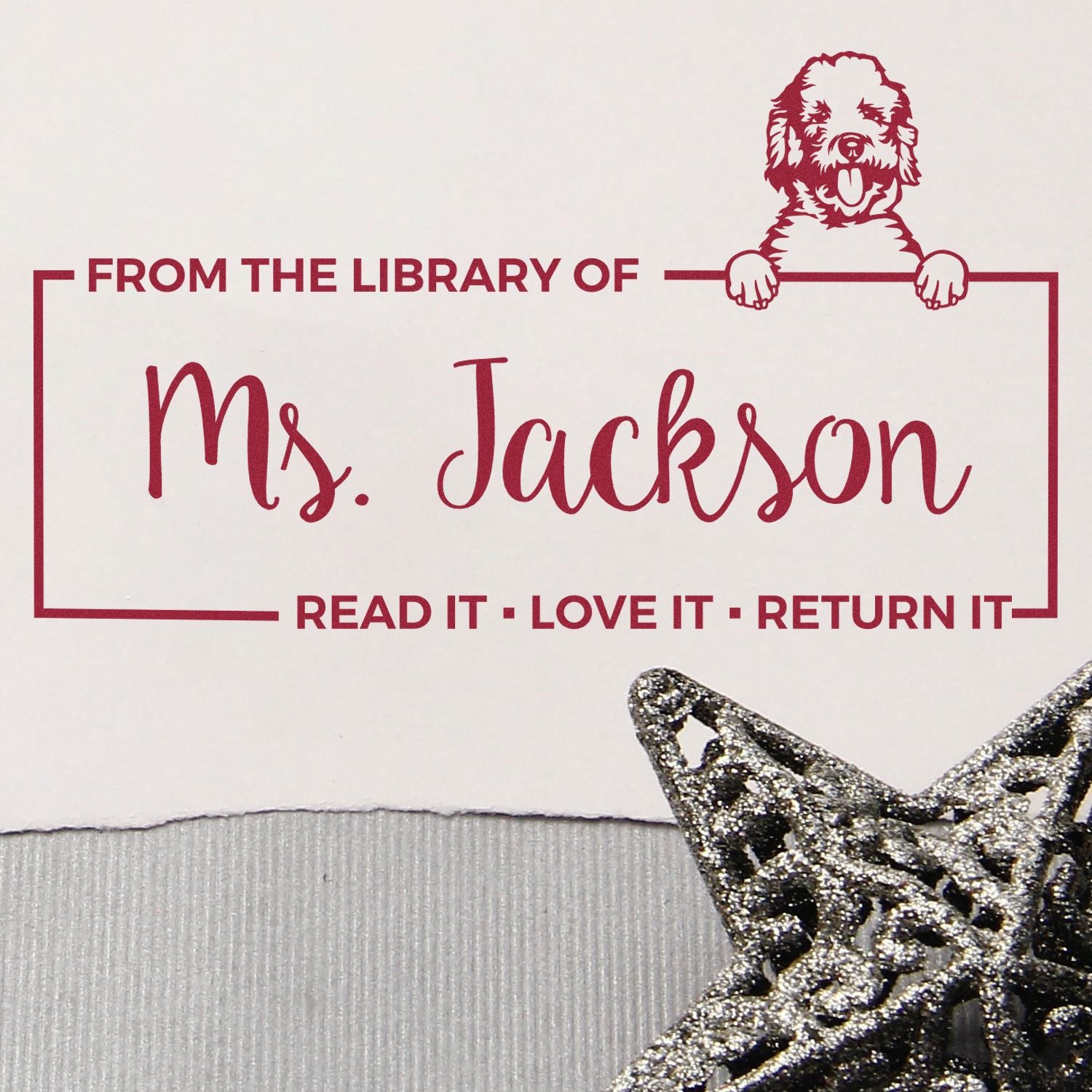 Custom Book Tag Stamper with Labradoodle - Engineer Seal Stamps