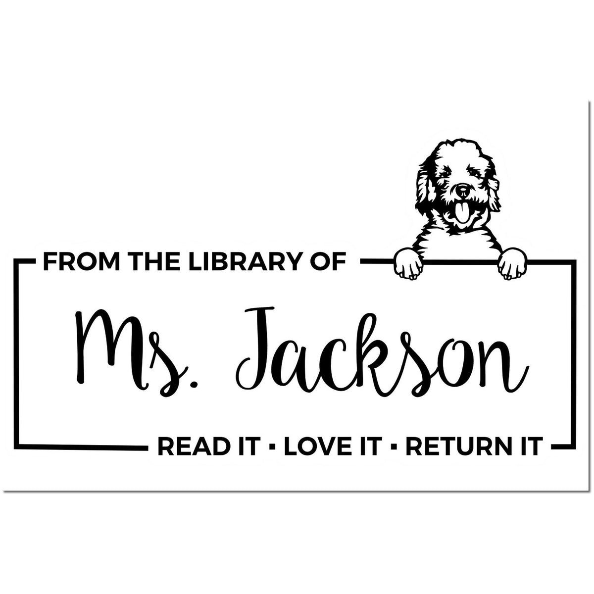 Black-and-white custom library stamp with dog illustration, Ms. Jackson, and Read it Love it Return it.