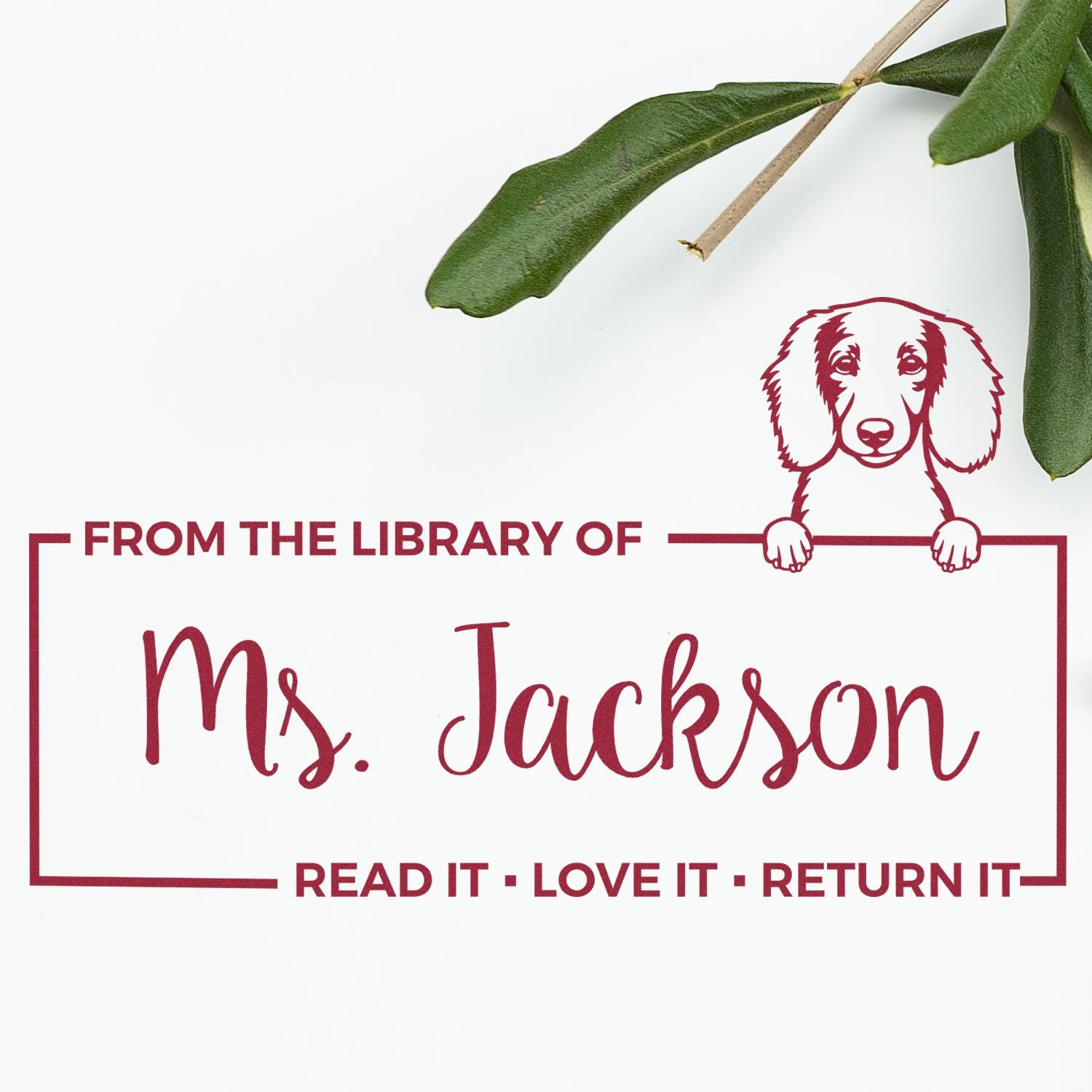 Custom Return Book Stamp with Longhaired Dachshund - Engineer Seal Stamps