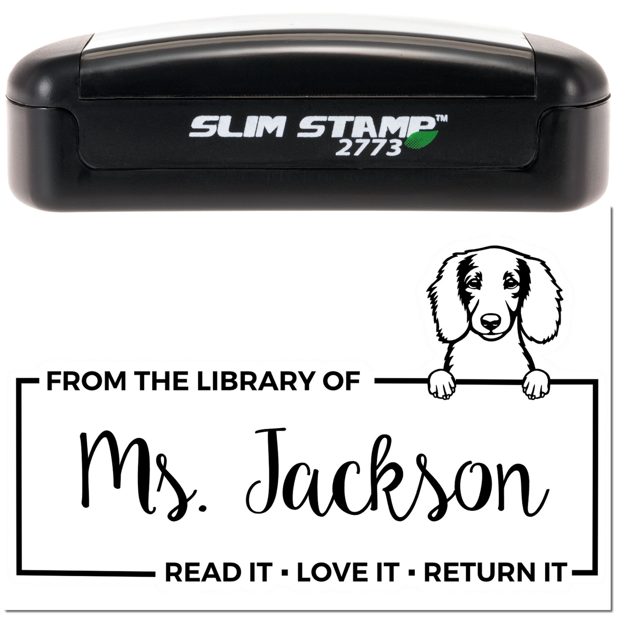 Custom Return Book Stamp with Longhaired Dachshund - Engineer Seal Stamps
