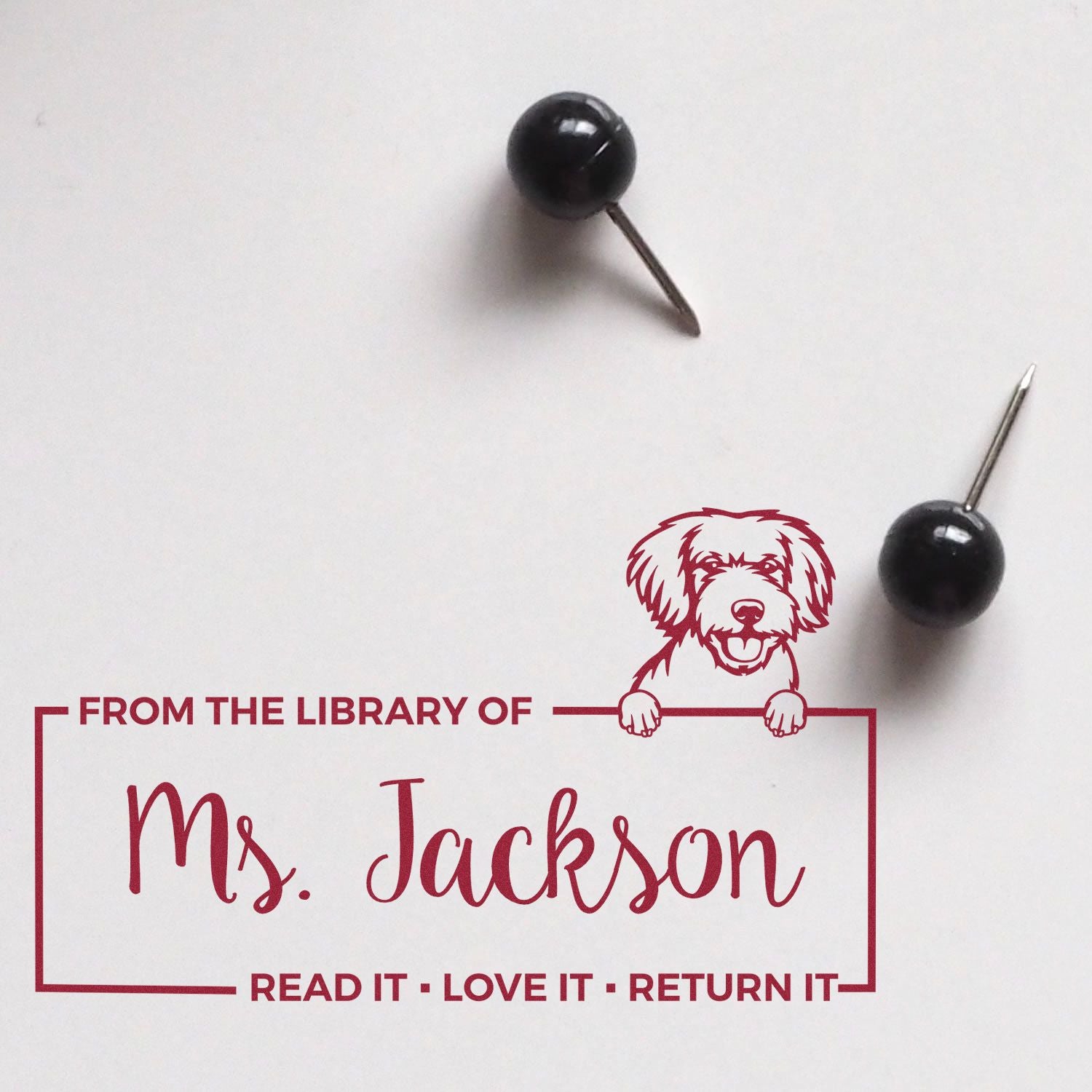 Custom Personal Book Return Stamp with Miniature Golden Doodle - Engineer Seal Stamps