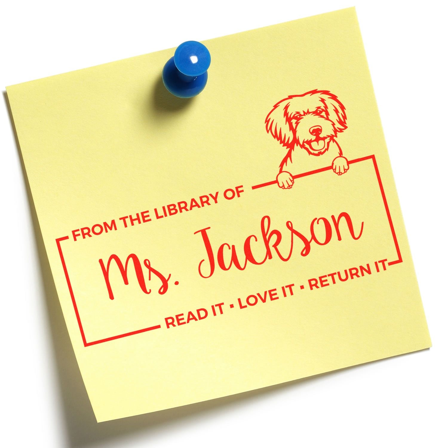 Custom Personal Book Return Stamp with Miniature Golden Doodle - Engineer Seal Stamps