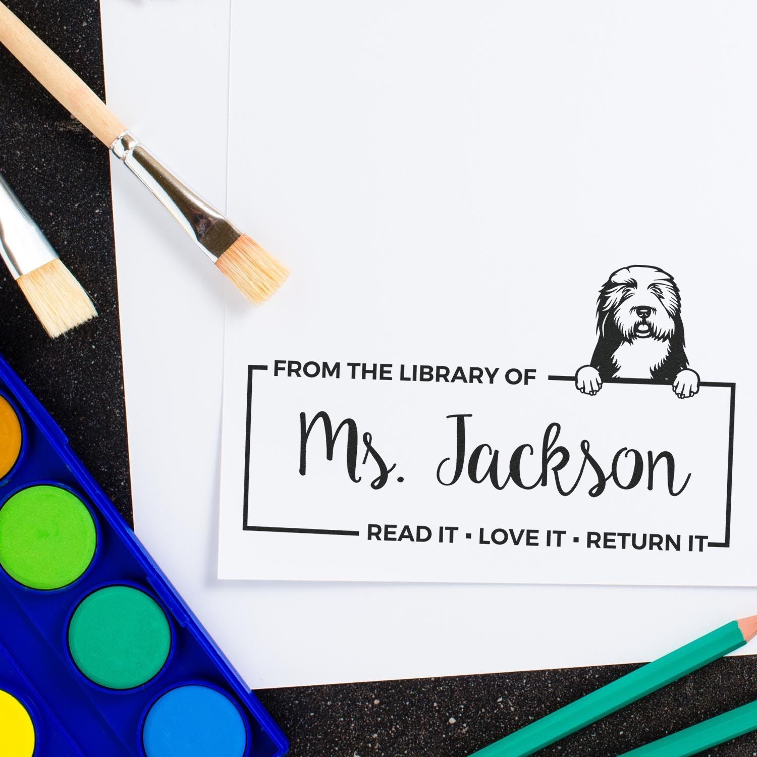 Custom Classroom Book Return Reminder Stamp with Old English Sheepdogs - Engineer Seal Stamps