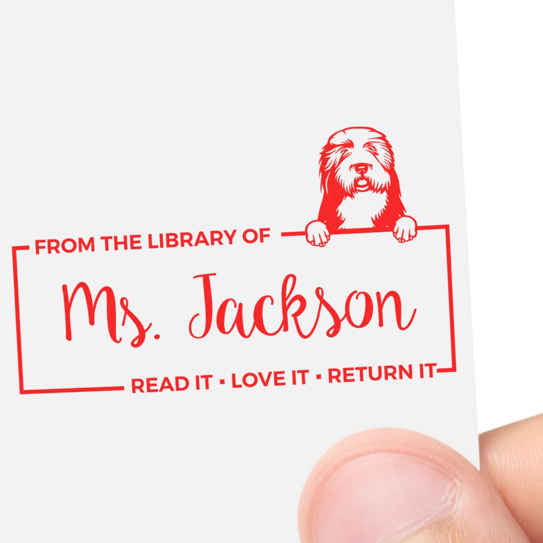 Custom Classroom Book Return Reminder Stamp with Old English Sheepdogs - Engineer Seal Stamps